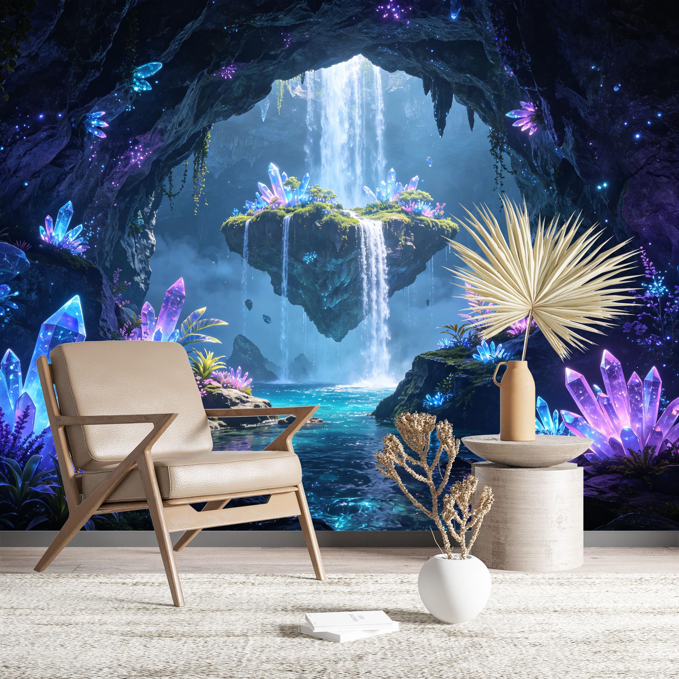 Custom Size Wall Murals Magical Crystal Cave with Floating Island Waterfall Large Photo Wallpaper Self-Adhesive Wall Fabric (NO PVC) Removable Wallpaper for Bedroom
