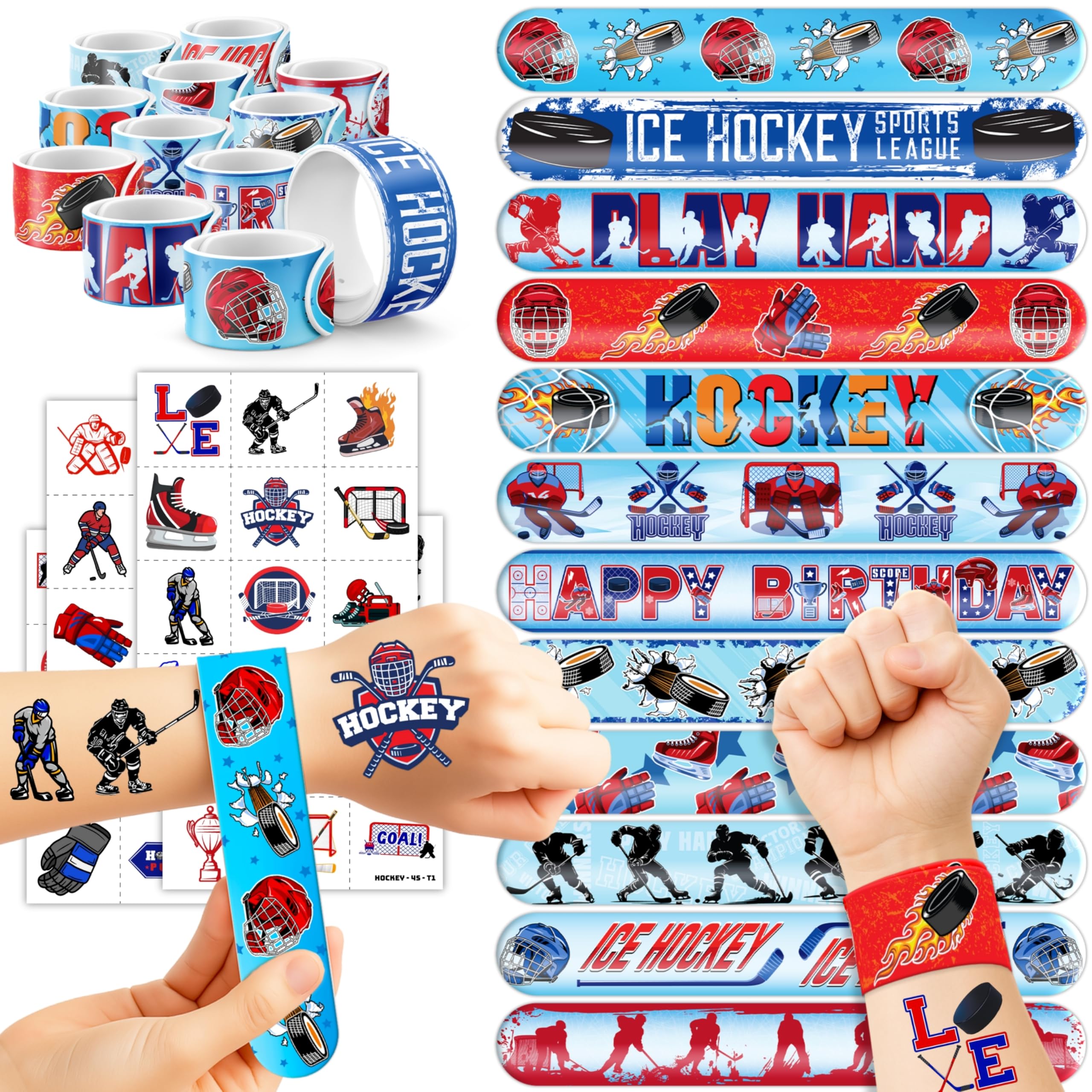 CHERISNOWY 72PCS Hockey Party Favors, Temporary Tattoos & Slap Bracelets