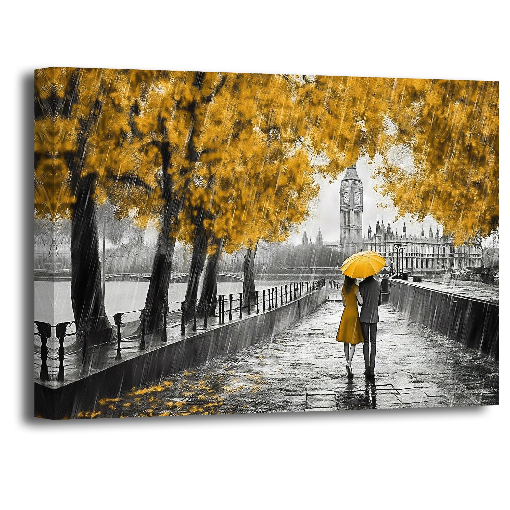 LZIMU Romantic Canvas Wall Art Black and Yellow Couple with Umbrella Picture Big Ben Oil Painting Prints Abstract Modern Artwork for Girls Room Decor Framed (Couple-2, 20"x30")