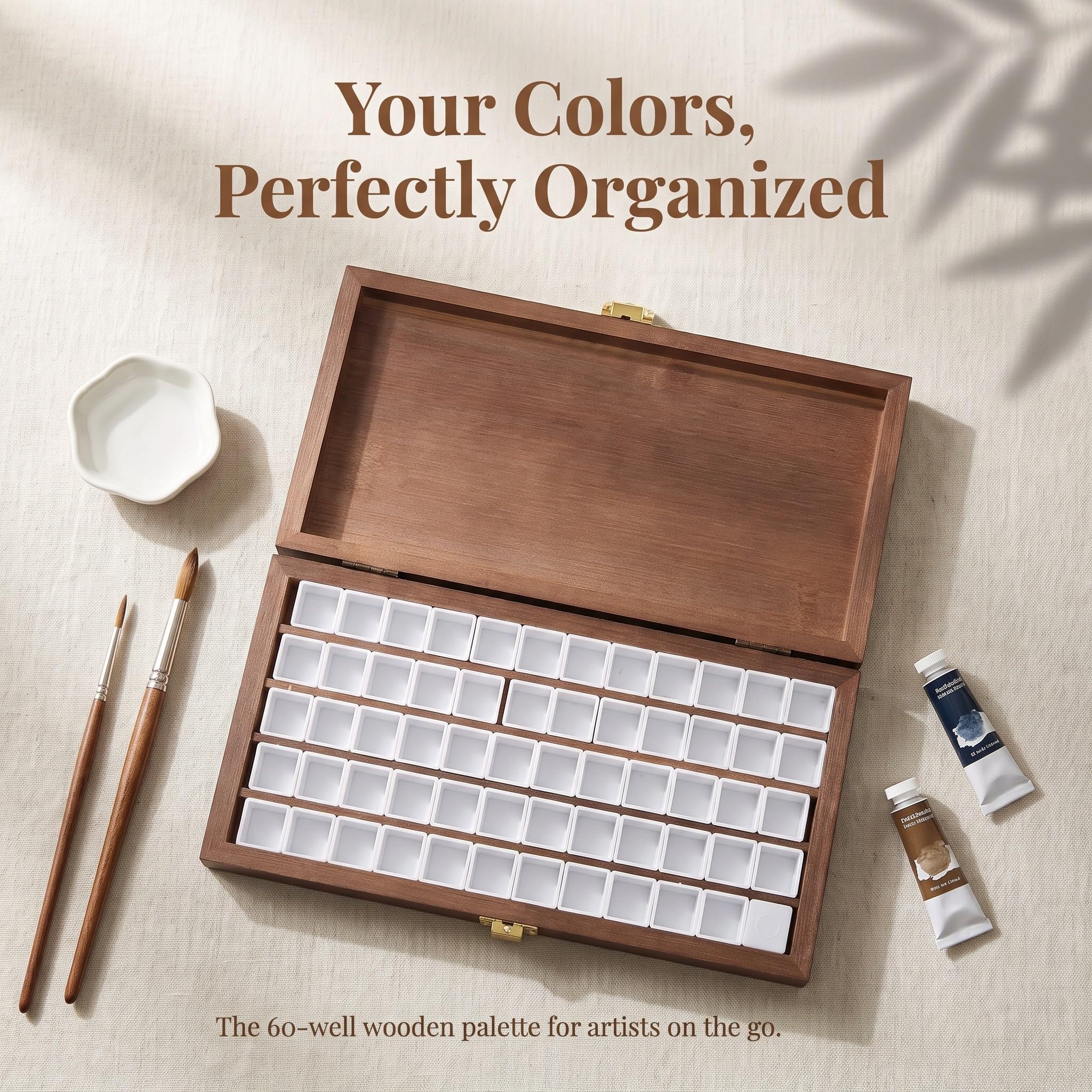 Lurrose Boîte Palette Aquarelle en Bois, 60 Compartiments, Godets de 2 ML