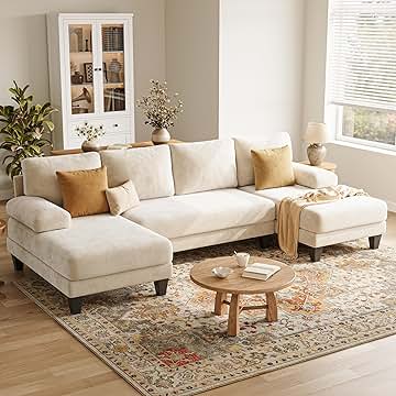 U-Shaped Sectional Couches for Living Room | 112 Inch Sectionals Couch | Beige Cheille Sofa with Double Chaise for Apartment