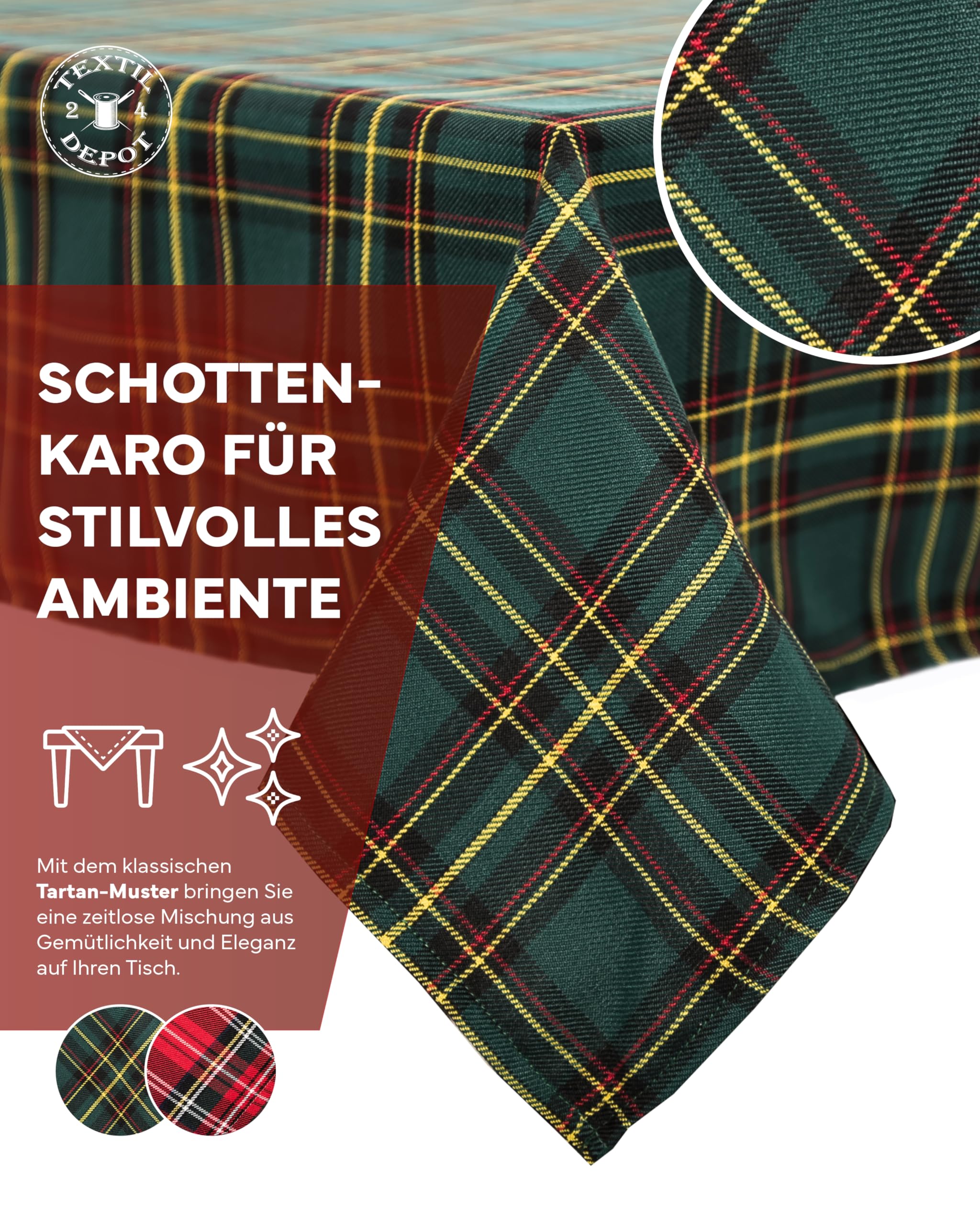 Tischdecke 130 x 170 cm Schottenkaro grün Tartan kariert 100% Polyester Weihnachten