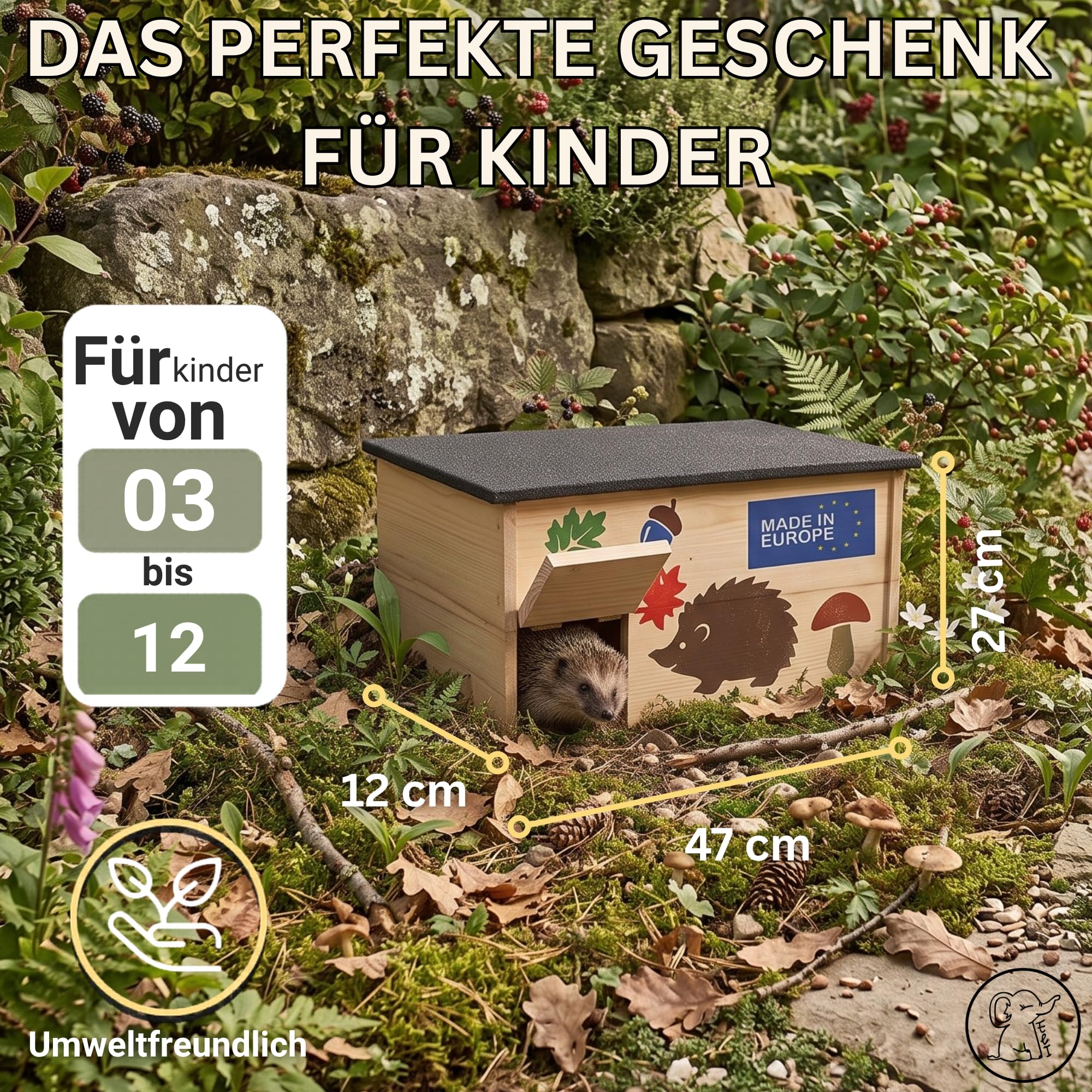 Eli® Igelhaus Bausatz für Kinder mit Rattenklappe und Labyrintheingang | bodenloser Set aus Kiefernholz zum Bemalen – inkl 6 Farben - Pinsel - Schrauben - Schablonen & Vorlagen - Jungen - Mädchen