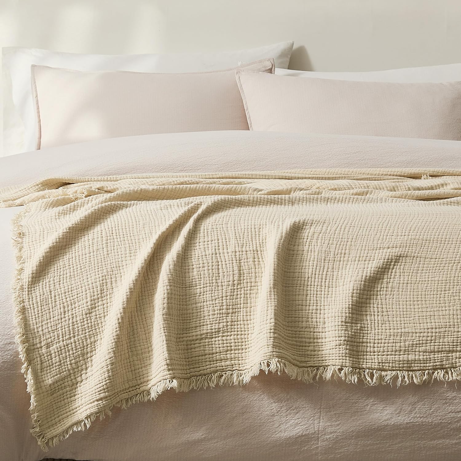 WDCOZY 100% Cotton Muslin Blanket King Size 4-Layer for Bed Breathable Lightweight Soft Large Boho Farmhouse Linen Tassels Ruffle Gauze Blankets All Season for Adults 108x90 Inches Beige Tan Neutral - Image 9
