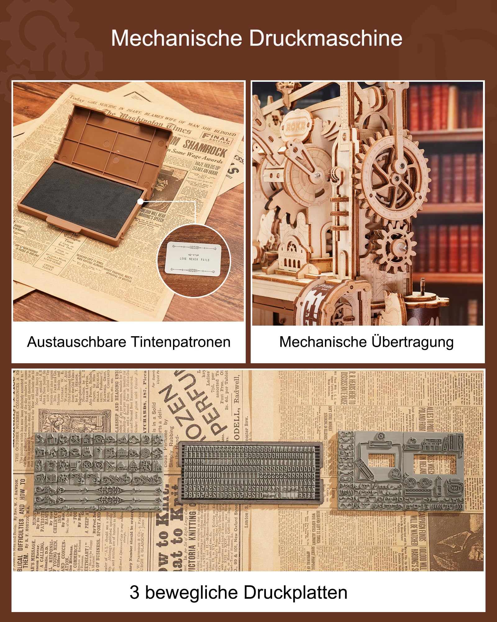 ROKR 3D Puzzle Holz Holzpuzzle Erwachsene 3D, Klassische Druckmaschine Holzmodelle Bausätze, Mechanische Getriebe, Classic Printing Press