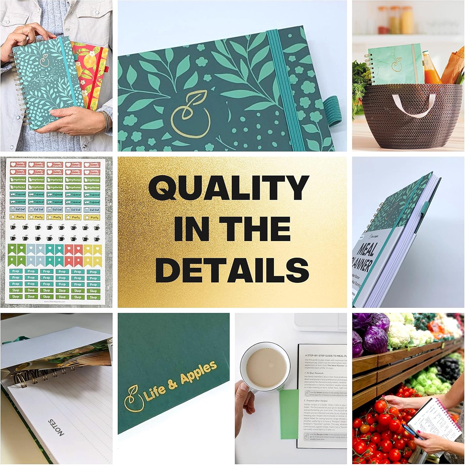 Life & Apples Meal Planner with Grocery List – Undated Weekly Menu & Meal Prep Notebook for Women & Men, Healthy Eating & Weight Loss Planner, 52-Week Spiral Bound Journal, Forest