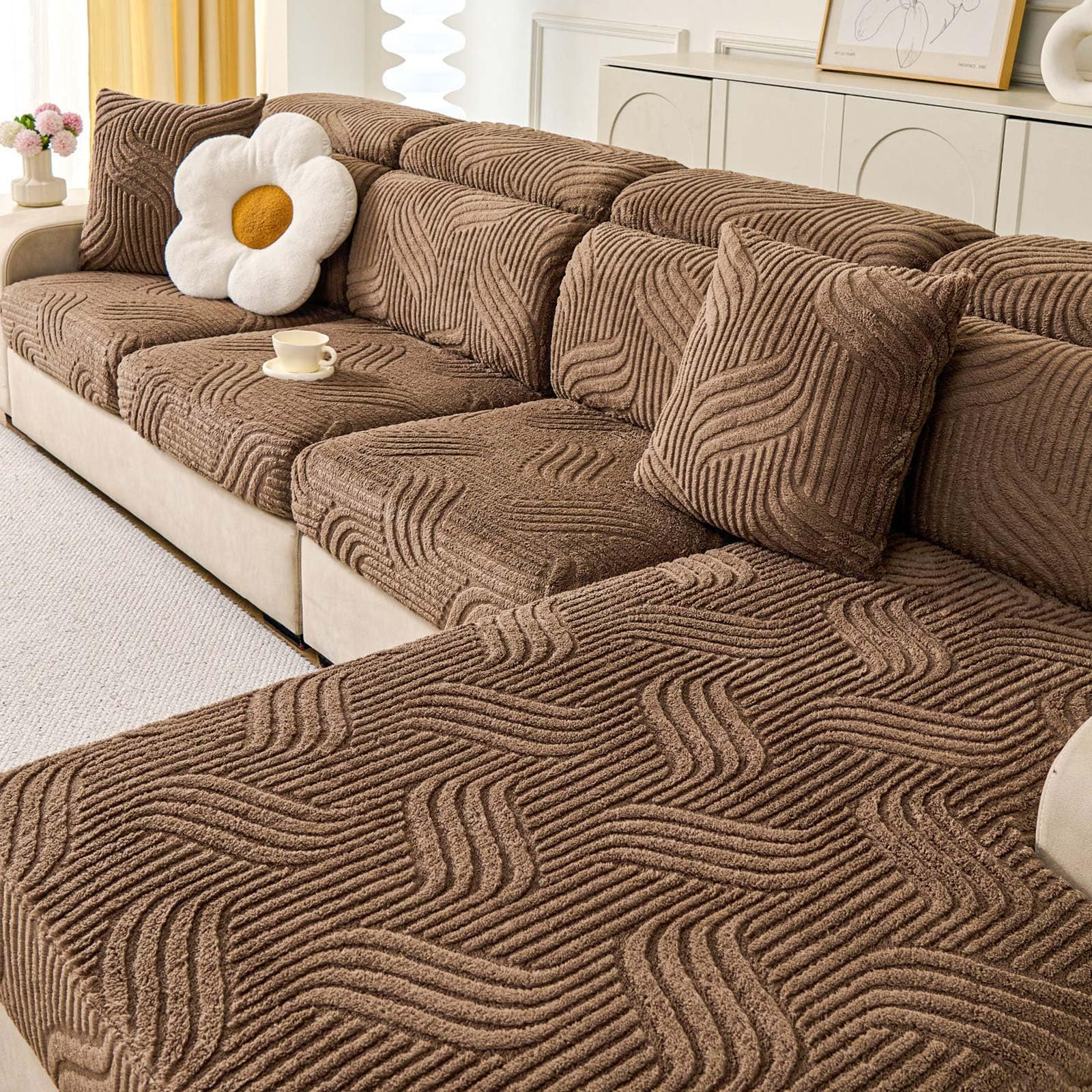 Funda Sofa Chaise Longue 1 2 3 4 Plazas Protector Cubre Sofa,Elástica Jacquard Fundas de Sofá Cheslong Brazo Largo Derecho Izquierda Funda Sofá de Forma L,Marrón,Extra Large M