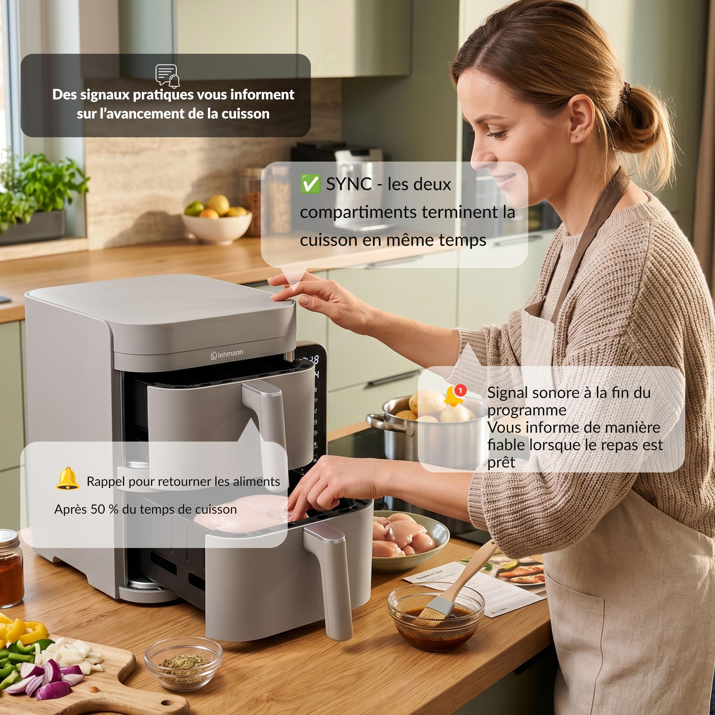 LEHMANN Double Zone Air Fryer XXL 12L, Friteuse sans Huile Verticale à Double Tiroir, 10 Programmes, 40-230°C, Écran Tactile, Revêtement Antiadhésif, pour Grande Famille 2800 W