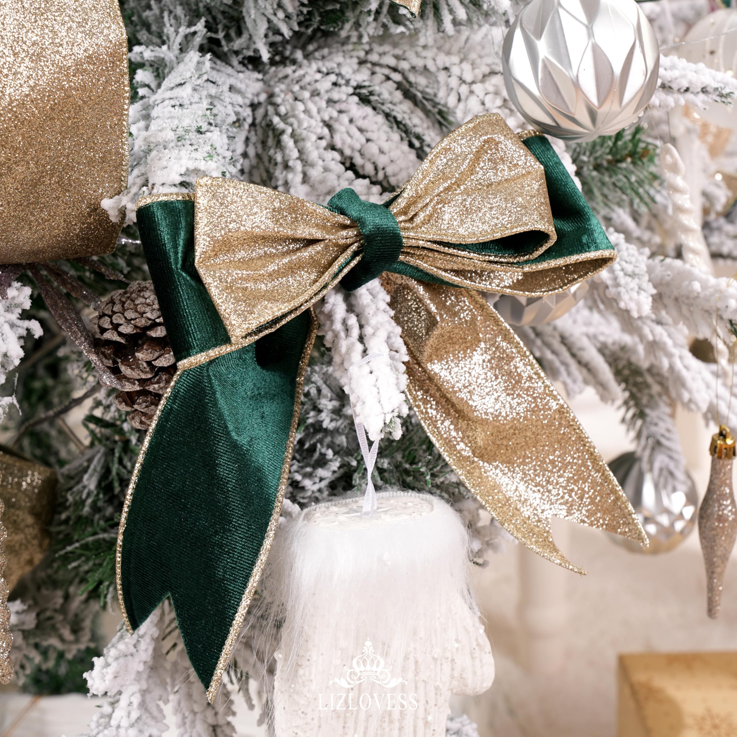 Cinta de terciopelo verde con alambre y parte trasera de purpurina de 2.5 pulgadas, cinta de Navidad verde oscuro y dorado para árbol de Navidad, envoltura de regalos, manualidades,