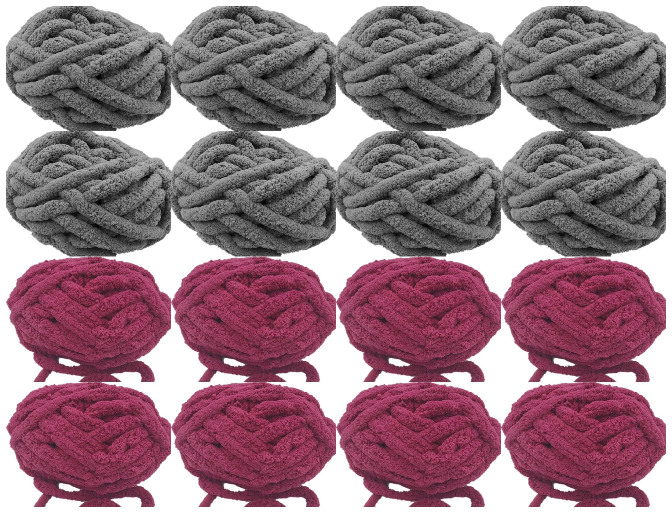 Chunky Chenille Yarn for Blanket 8lb, Dark Grey 8 Pack + Dark Red 8 Pack Super Bulky Soft Thick Fluffy Jumbo Giant Washable Polyester Big Yarn for Hand Knitting Extreme DIY Arm Knitting