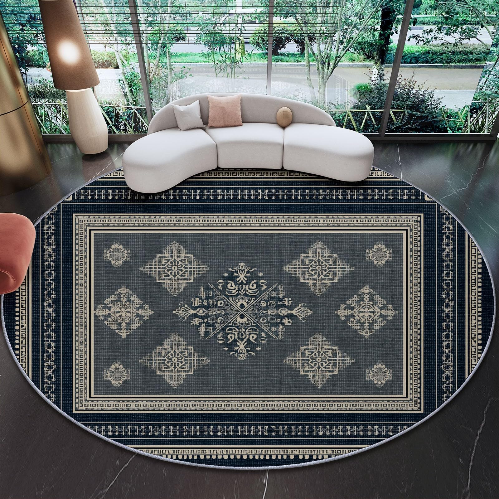 Circular Rugs 60 cm (Round) Area rug Classical Linear Geometric Carpet For Bedroom and Sitting Room Rug Home Office Dining Room Kitchen Grey