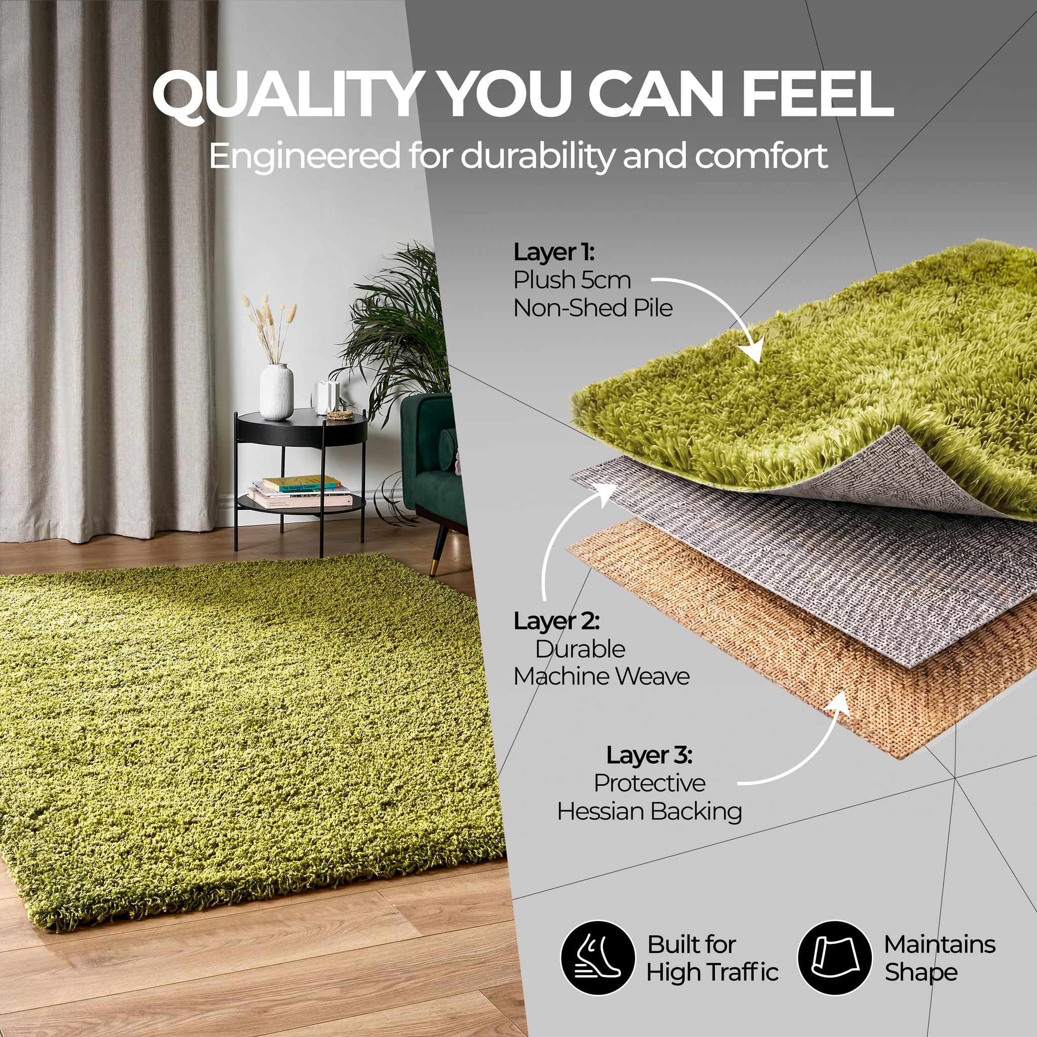 Bravich Round Green Rug 150cm (5') 5cm Pile Green Shaggy Large Circle Thick Fluffy Living Room Hessian Backed Washable — view 7