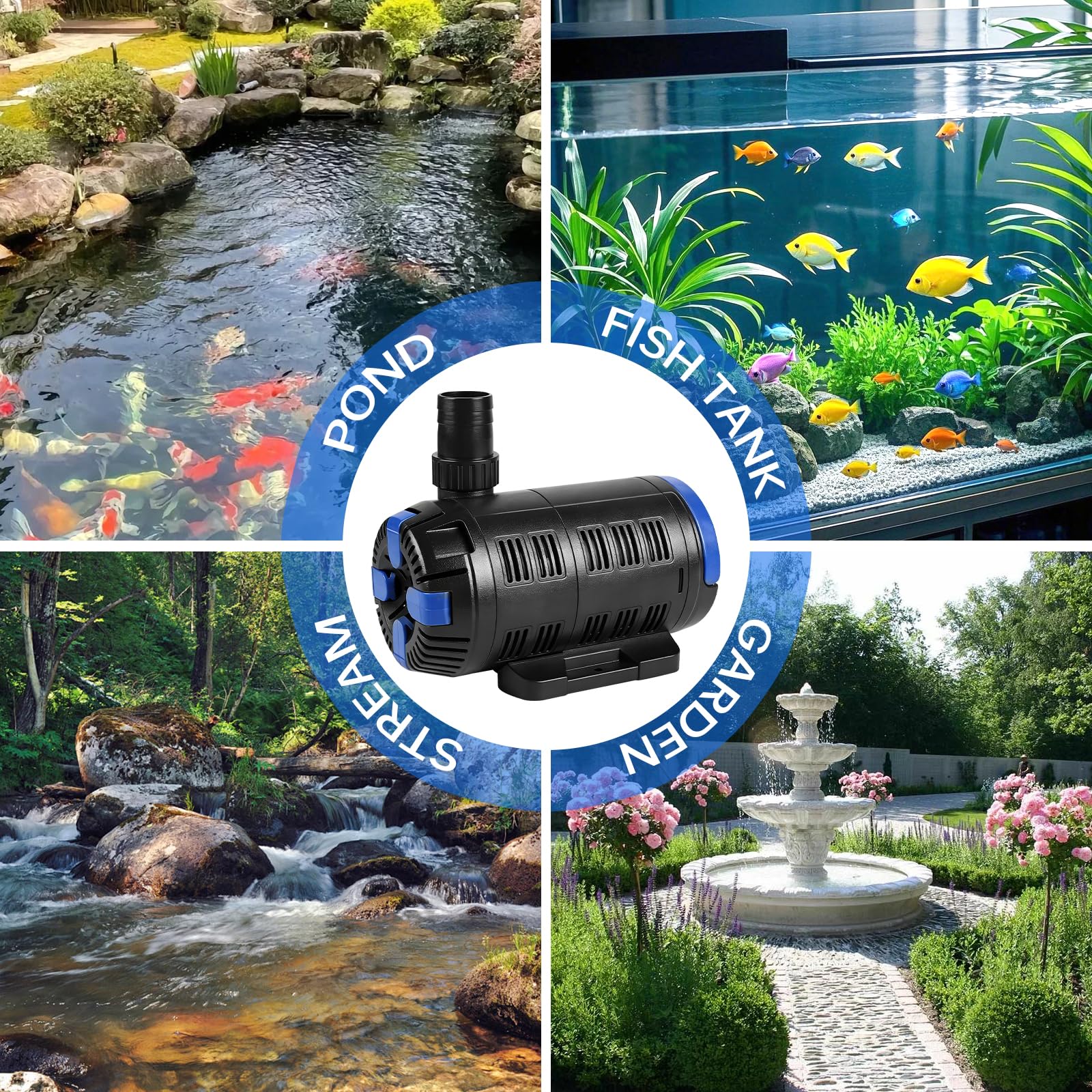 EXLECO Pompe à jet réglable pour extérieur, 8000 l/h, 18 W-80 W, pompe à jet réglable avec contrôleur multifonction, pompe de filtration pour bassin de jardin, fontaines