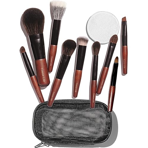 Cosme 9 FULL FACE MINI TRAVEL Make Up Brush Set: Powder, Concealer, Blush, Eyeshadow, Eyeliner, Brow Makeup Brushes Set in Synthetic & Natural Hair Make up Brush Set + Case for Work, Vacation, School
