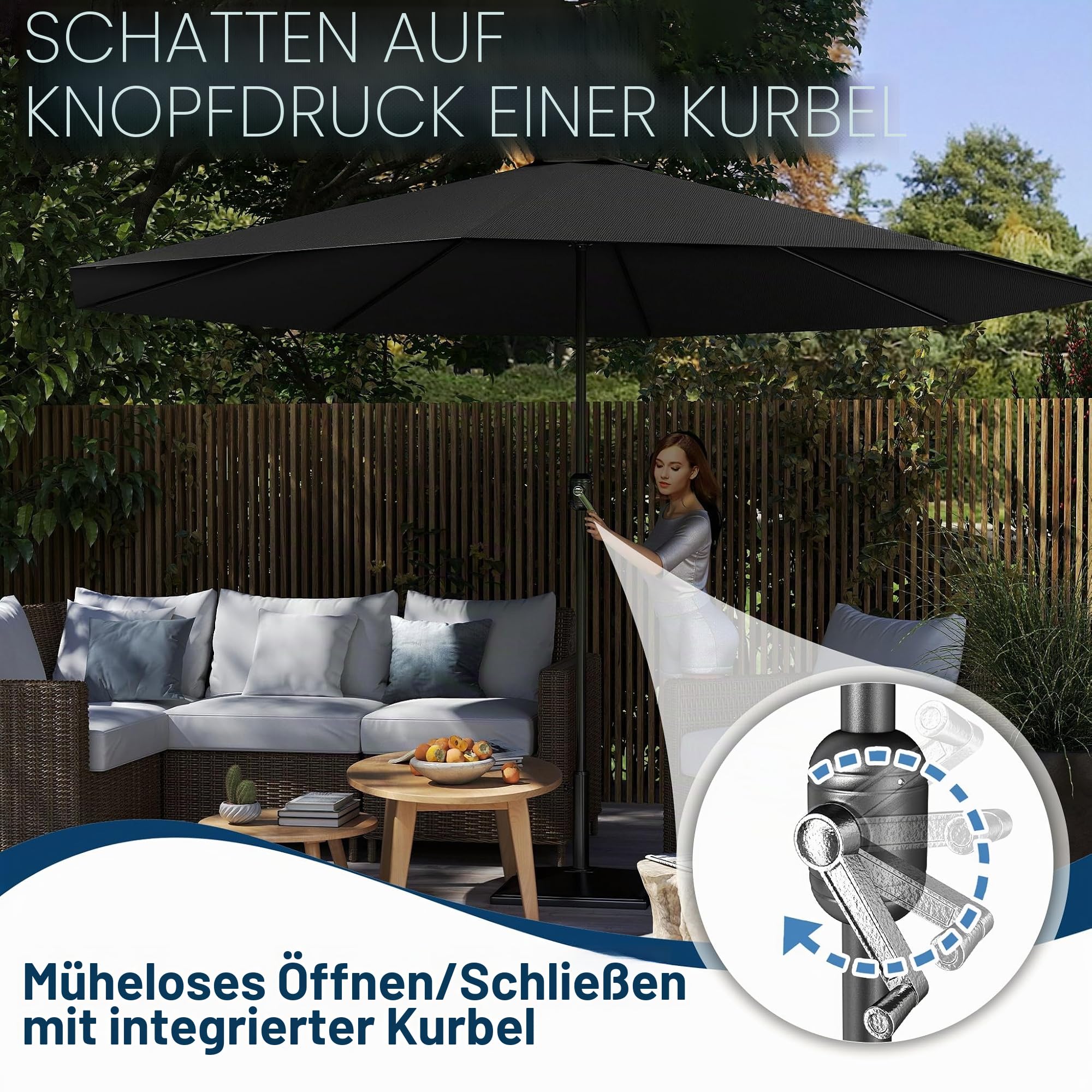 UISEBRT 350cm Sonnenschirm Alu mit Handkurbel UV Schutz 40+ - Gartenschirm Terrassenschirm Marktschirm für Balkon, Garten, Terrasse (350cm,Dunkelgrau)