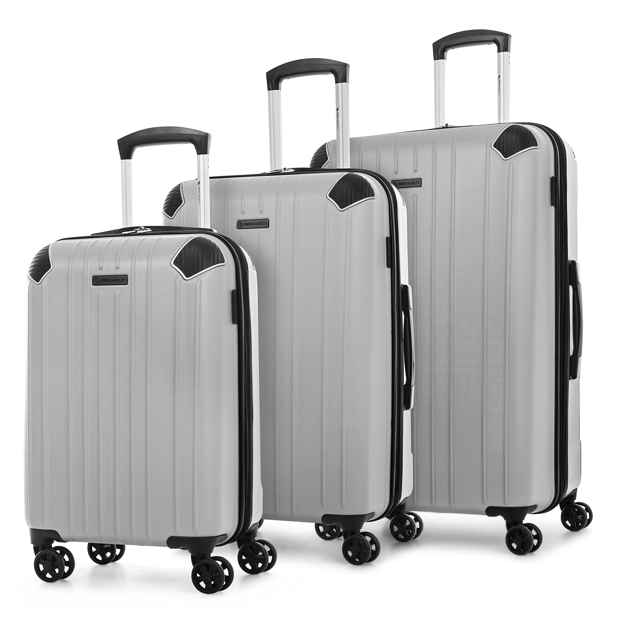 SWISS MOBILITYPVG Collection 3 Piece Hard Shell Luggage Set, Expandable Suitcases with 360-Degree Spinner Wheels, Retractable Handle, 20 Inch Carry On, 24 Inch Mid-size, Silver, 3 Pieces