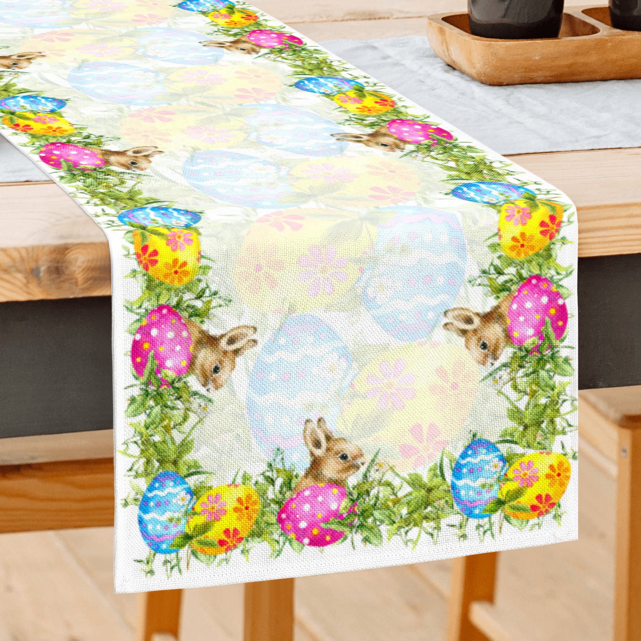 Easter Colorful Eggs Bunny Table Runner Cute Rabbits Greenery Burlap Table Runners Spring Summer Seasonal Kitchen Dining Decor for Home Wedding Party in/Outdoor 13 x 72 Inch