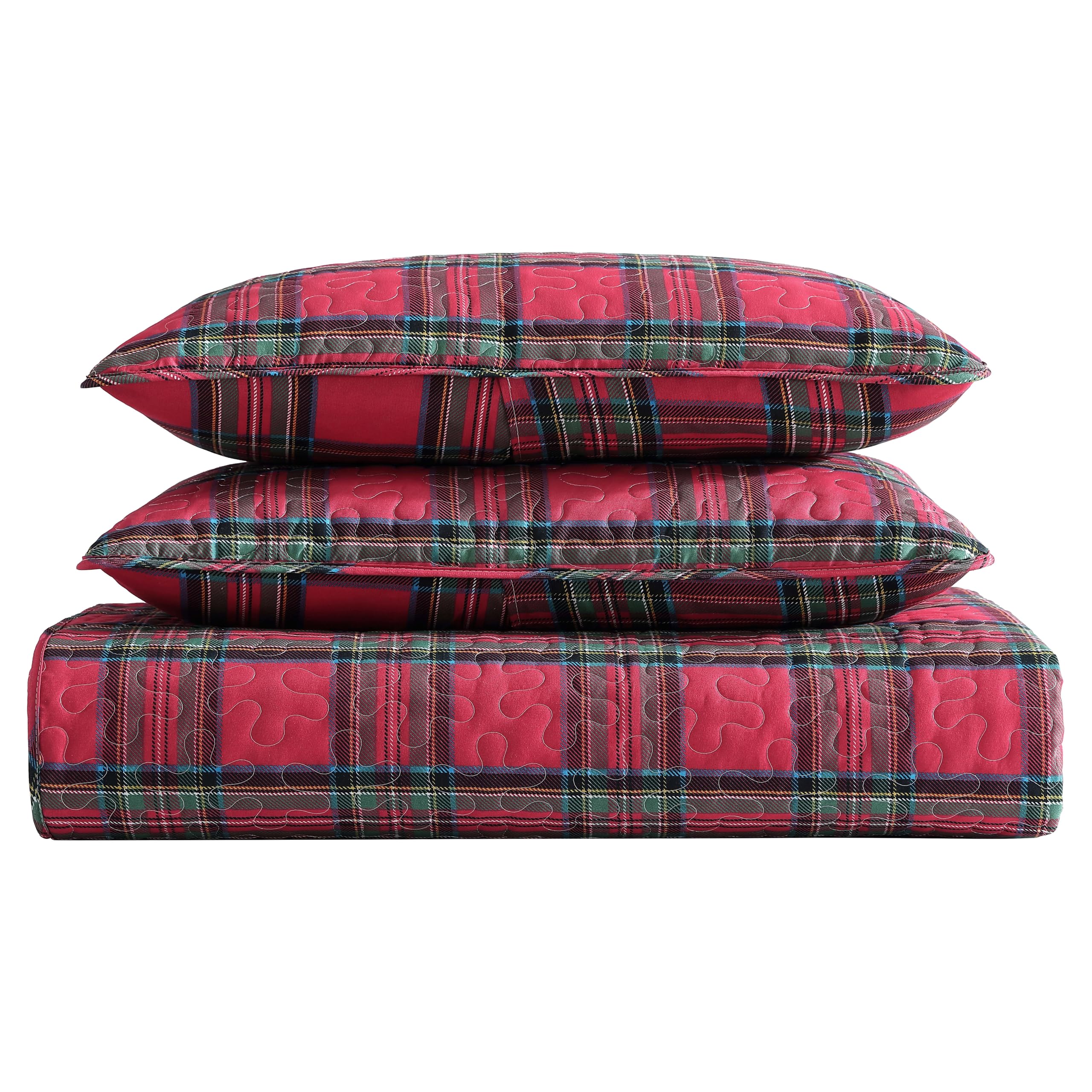 Beatrice Home Fashions Lightweight King Holiday Quilt Bedding Set Tarick Plaid, Red, Black, Green