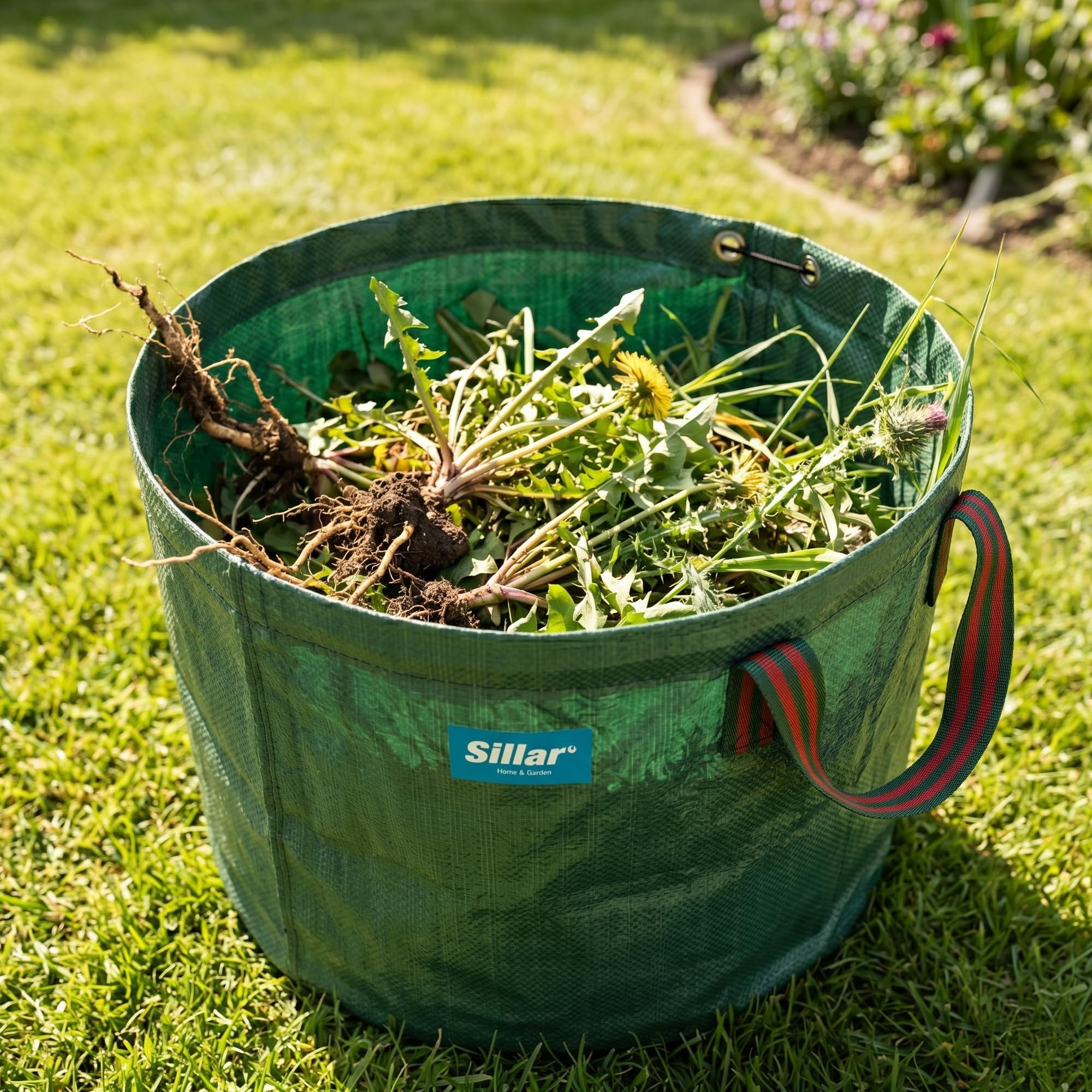Sillar Désherbeur Manuel Télescopique 99,5–117 cm + Sac de Jardin 50L, Arrache Mauvaise Herbe avec Griffes en Acier & Éjecteur, Arrache Pissenlit pour Pelouse, Jardin et Massifs
