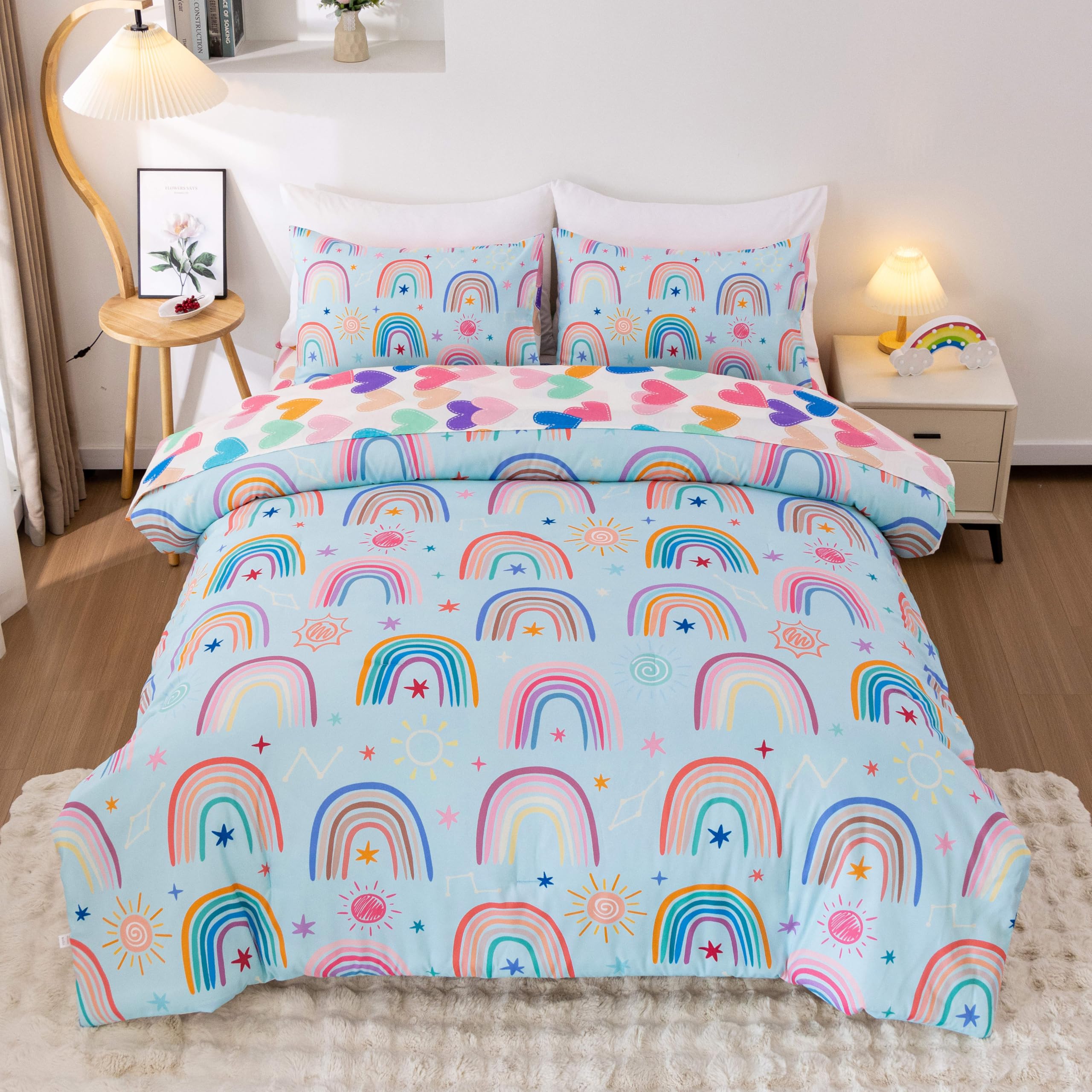 Btargot 5 Piece Light Blue Rainbow Comforter Set for Girls Boys Kids, Cartoon Suns and Stars Bedding Set, Bed in a Bag with Comforter, Sheets and