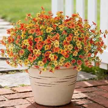 Artificial Fake Flowers Plants for Outdoor Spring Decor, 12 Bundles Faux Silk Flowers for Outdoor Outside Planter Colorful Daisy UV Resistant Look Real for Front Door Porch Patio YardYellow Orange