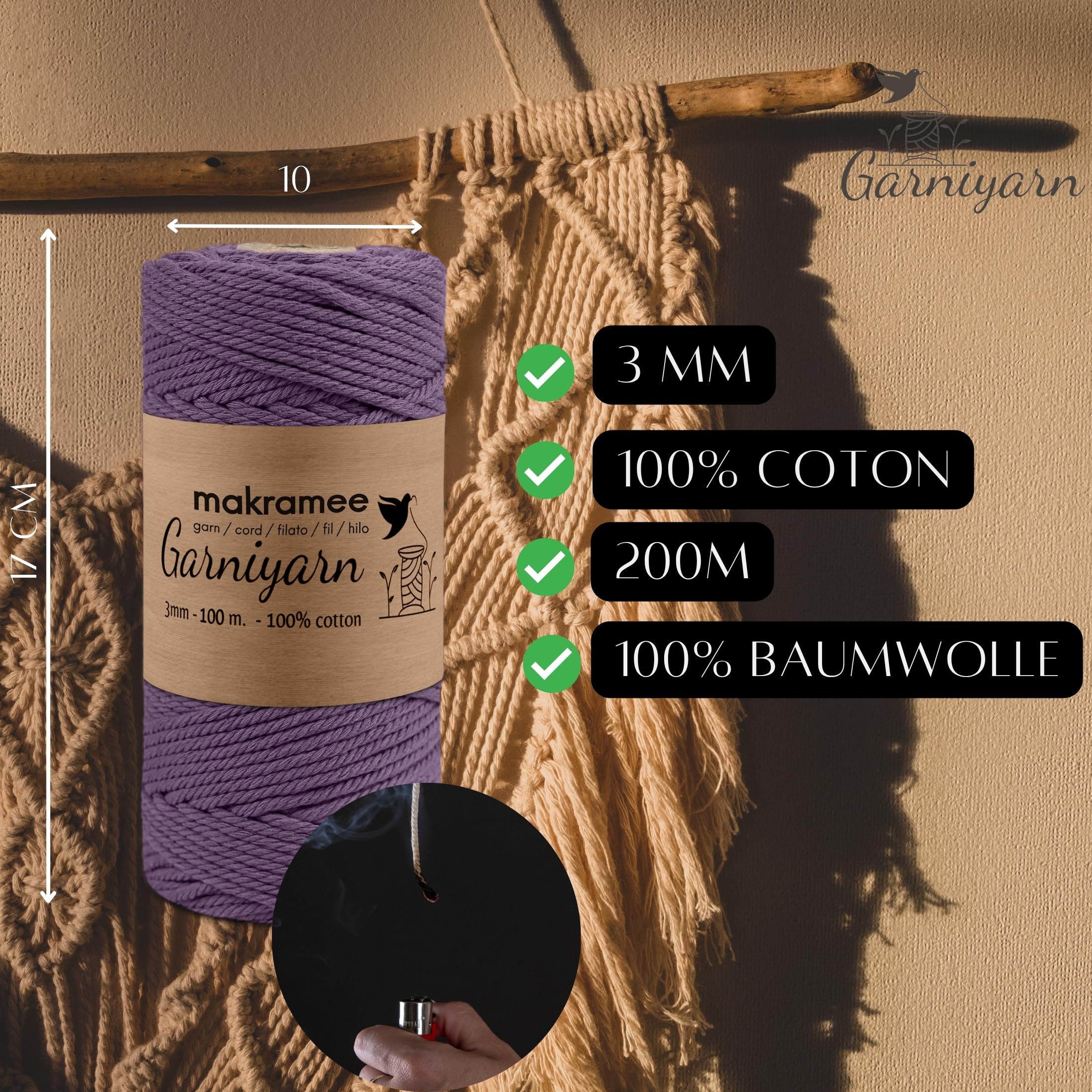 Fil Macramé GARNIYARN 3mm 100% Coton - Corde Souple Pour Créations Murales Et Suspensions