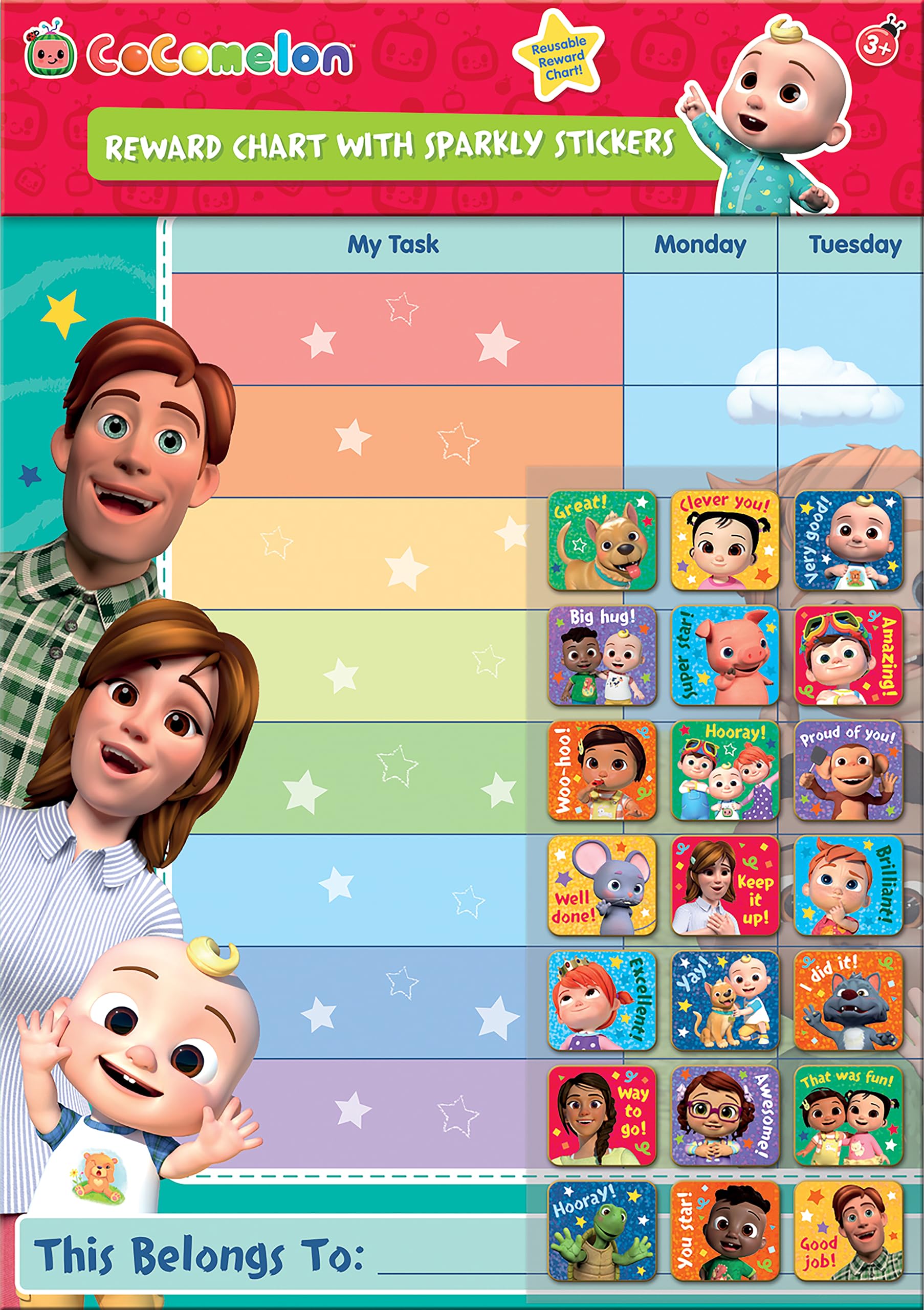 Paper Projects CoComelon Everyday Reward Chart | Includes 56 Sparkly Stickers | Colourful Chart is Wipe-Clean