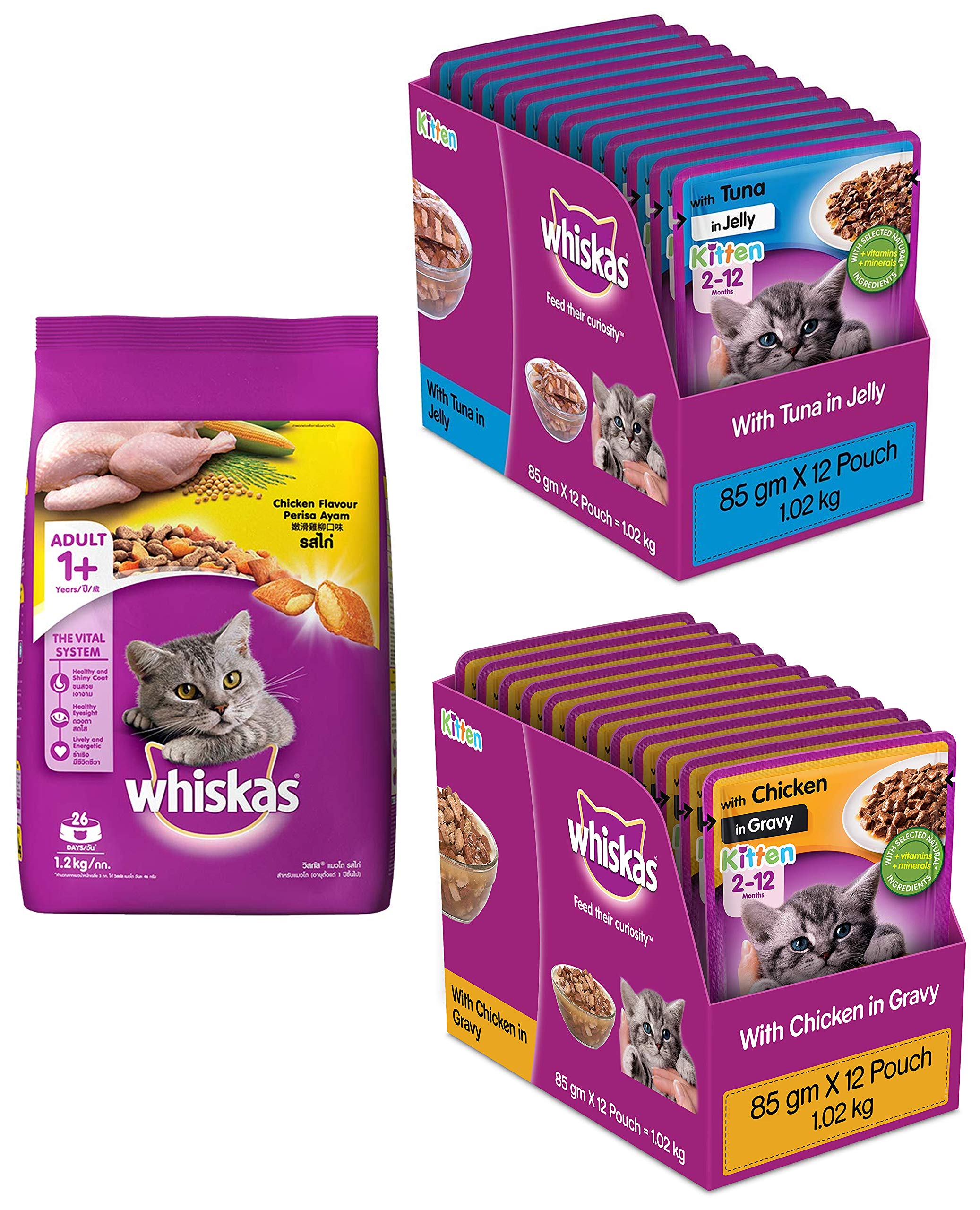 Whiskas Kitten Wet Cat Food, Chicken in Gravy, 12 Pouches & Kitten Wet Cat Food, Tuna in Jelly, 12 Pouches & Adult (+1 Year) Dry Cat Food, Chicken Flavour, 1.2kg Pack