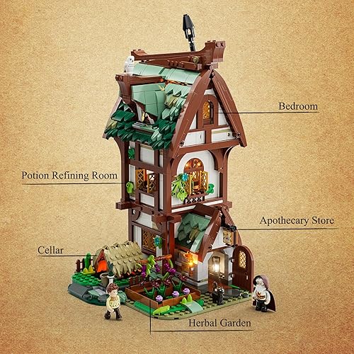 Miniatura 8 de FUNWHOLE Medieval Apothecary Shop - Juego de ladrillos de construcción de iluminación  Compatible con Legos Serie Medieval Coleccionable, casa de