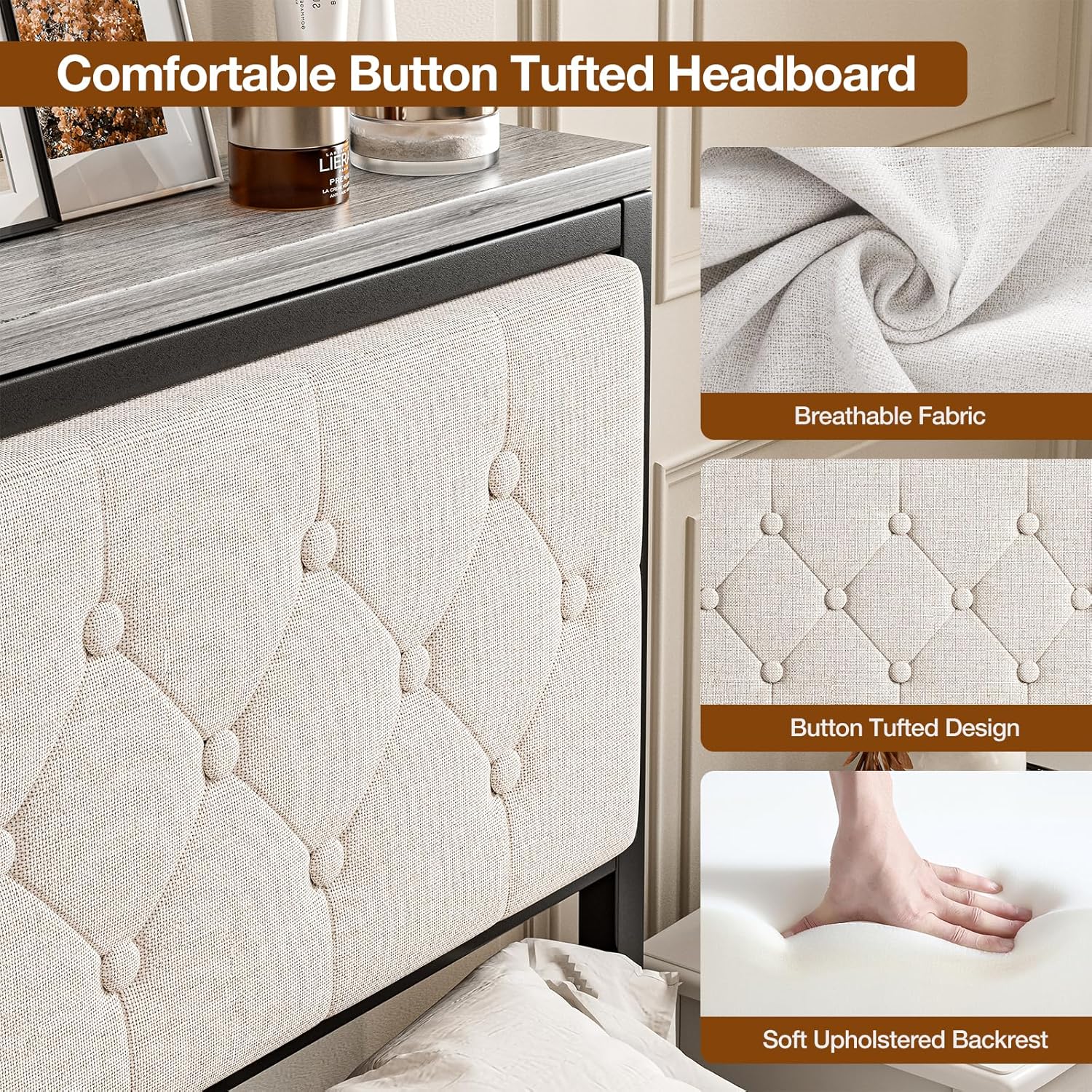 IKIFLY Headboard Queen Size with Storage and Charging Station, Upholstered Queen Storage Headboard Only with Bed Frame Brackets Adapter, Button Tufted Design, Easy Assembly, Beige