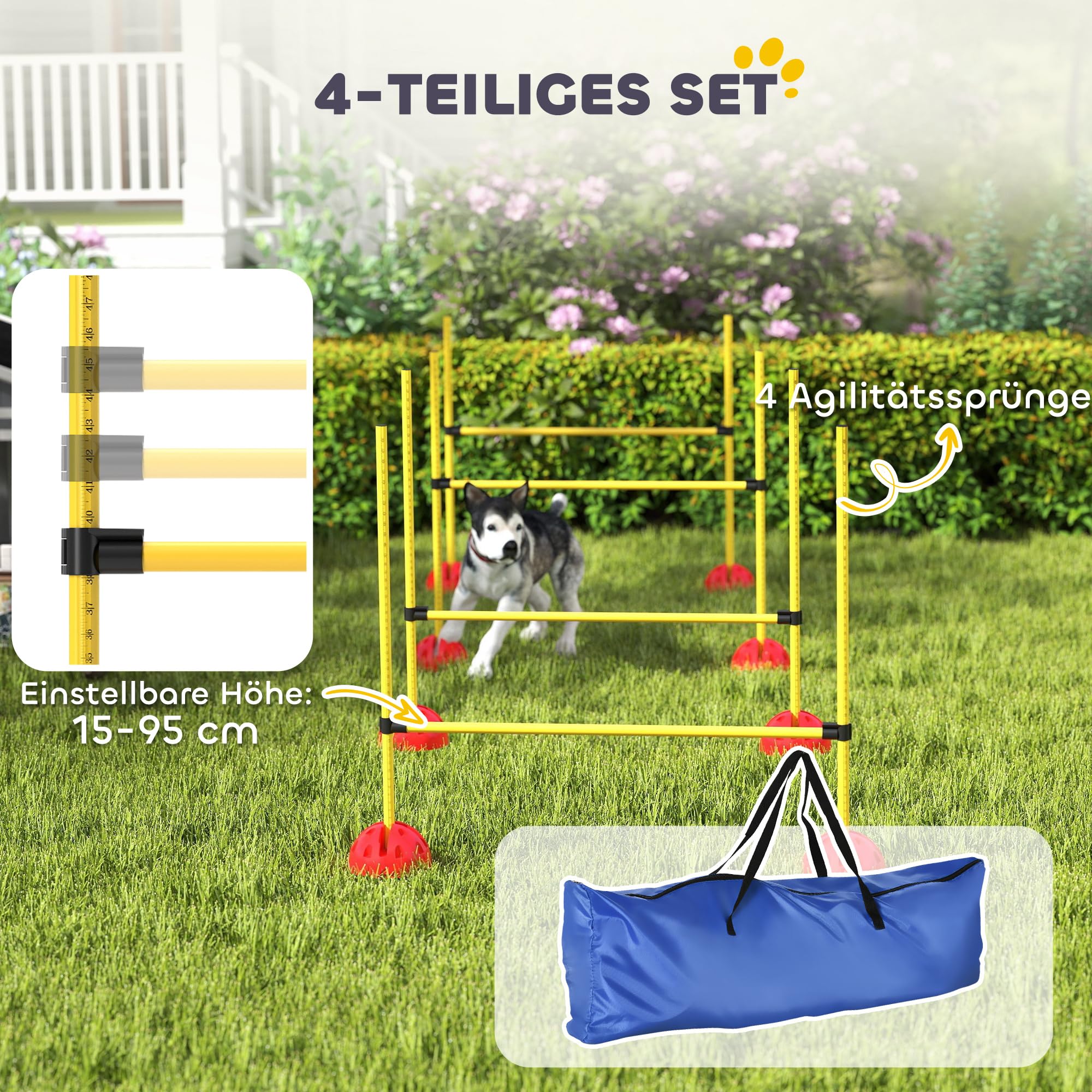 PawHut Agility Set Perros 5 Piezas rellenables Agilidad Equipo para el Entrenamiento del Perro Valla Conjunto con Vallas de Altura Ajustable Bolsa de Transporte Accesorios de Entrenamiento de