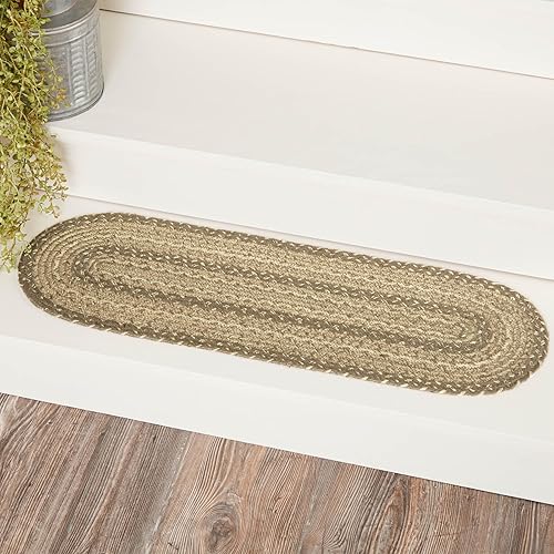 VHC Brands Alfombra de escalera adoquinada, mezcla de yute, ovalada, gris tostado, blanco, 8.5 x 27 pulgadas