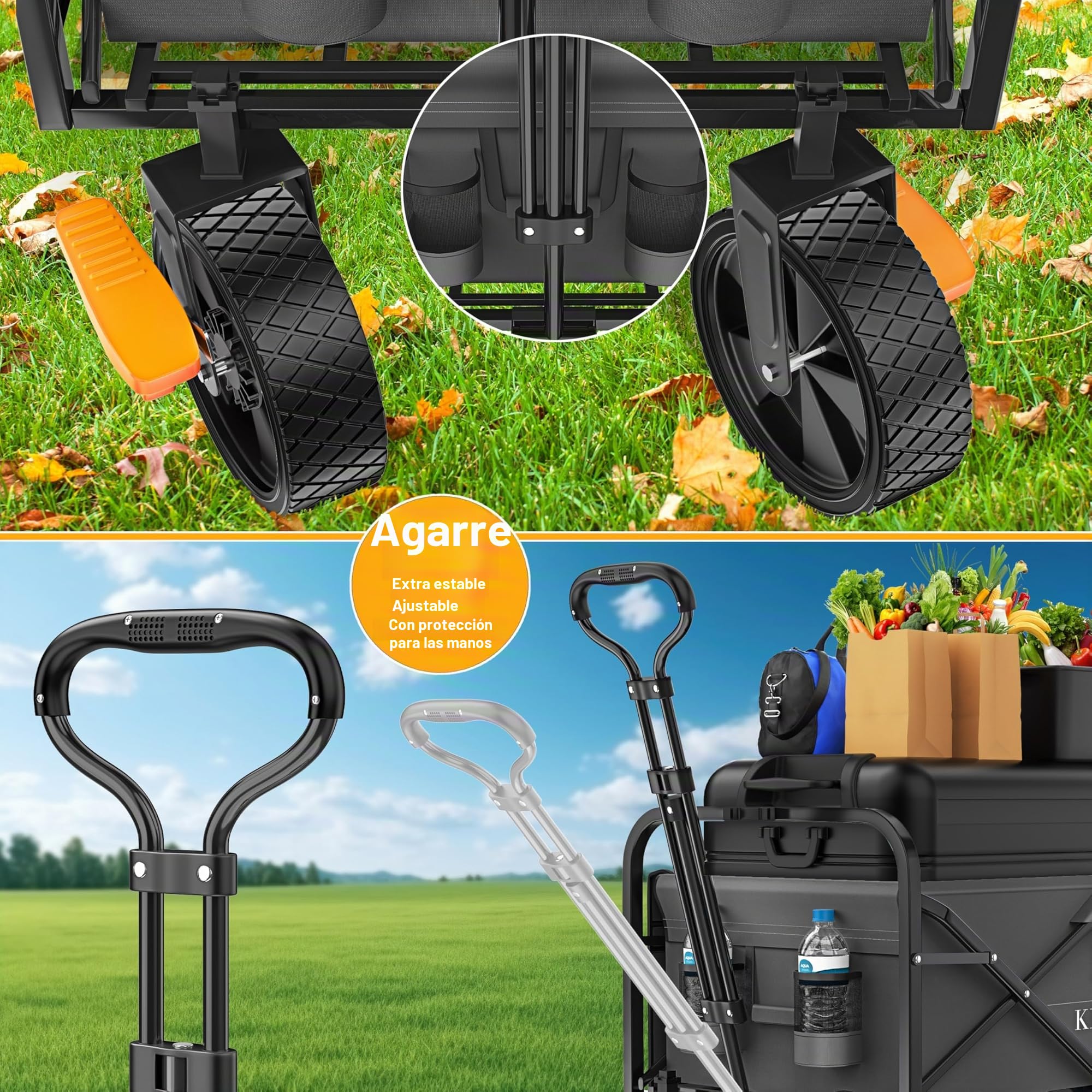 KESSER® Carro de mano plegable con capacidad de carga máxima de 150 kg y neumáticos de PVC de 360°, incluye 2 bolsillos de red, bolsillo lateral y cubierta, carro de transporte para jardín sin techo