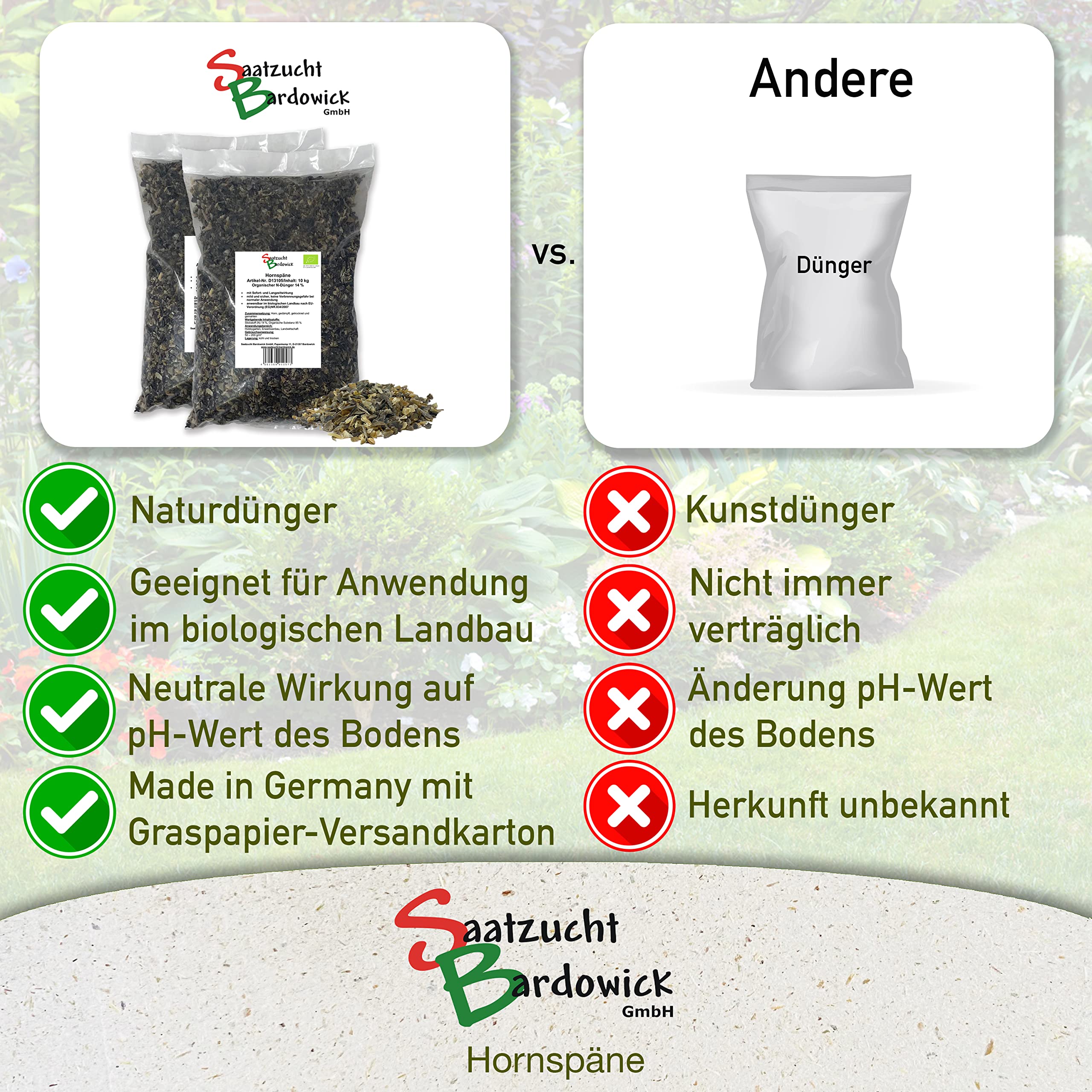 Saatzucht Bardowick Hornspäne Naturdünger 20 kg, 100% natürlicher Dünger mit 14% Stickstoff für Gemüse- und Ziergarten, Natürlicher Stickstoffdünger und Gartendünger mit Langzeitwirkung