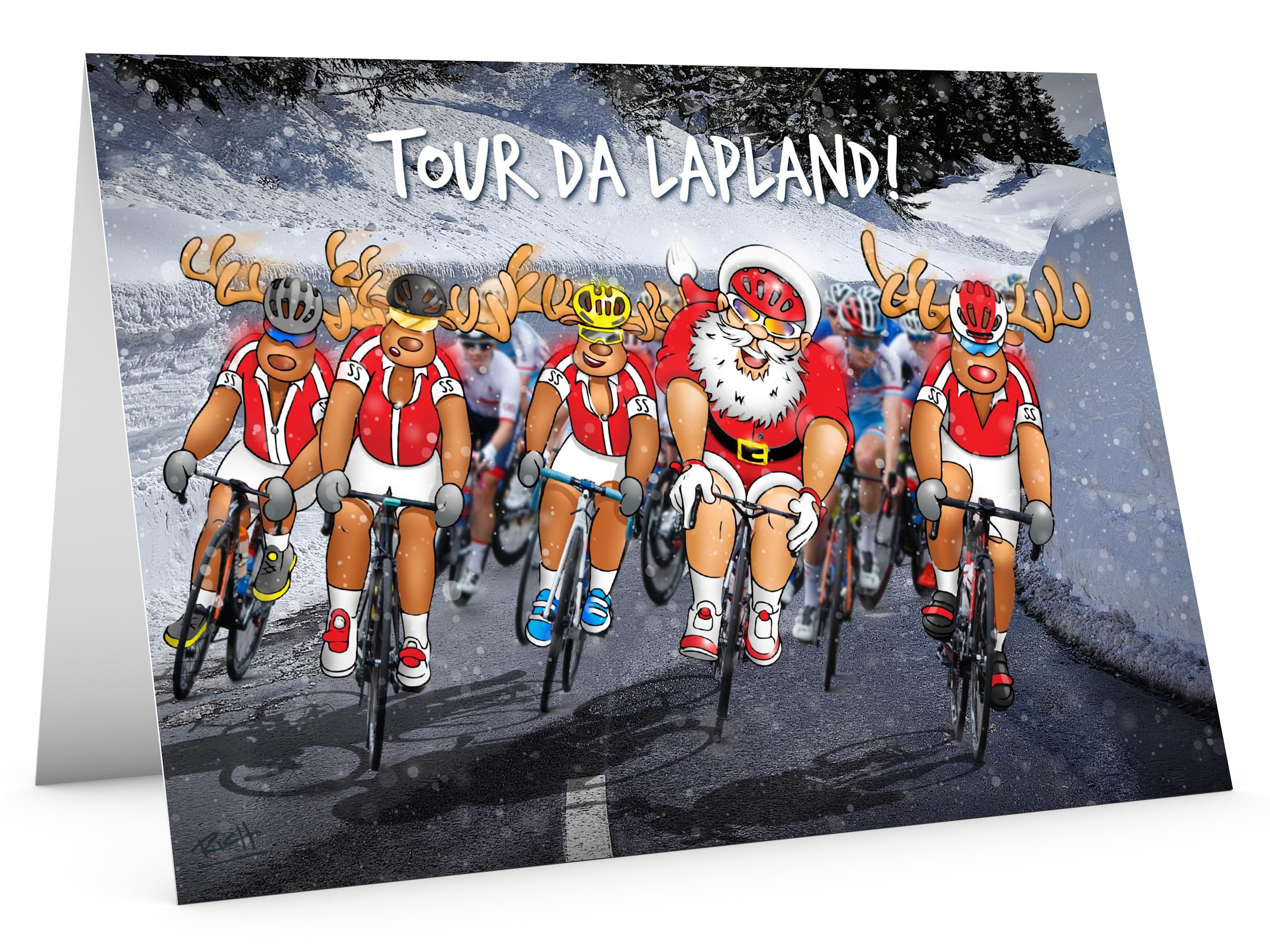 STREET SANTA - Tour da Lapland Cycling Christmas Cards - Pack of 6 Cards - Santa Cycle Race Design, Hand-Drawn UK Art, A5-Sized (210mm x 148mm), Gloss Finish, Blank Inside - Gift Bundle - Image 2