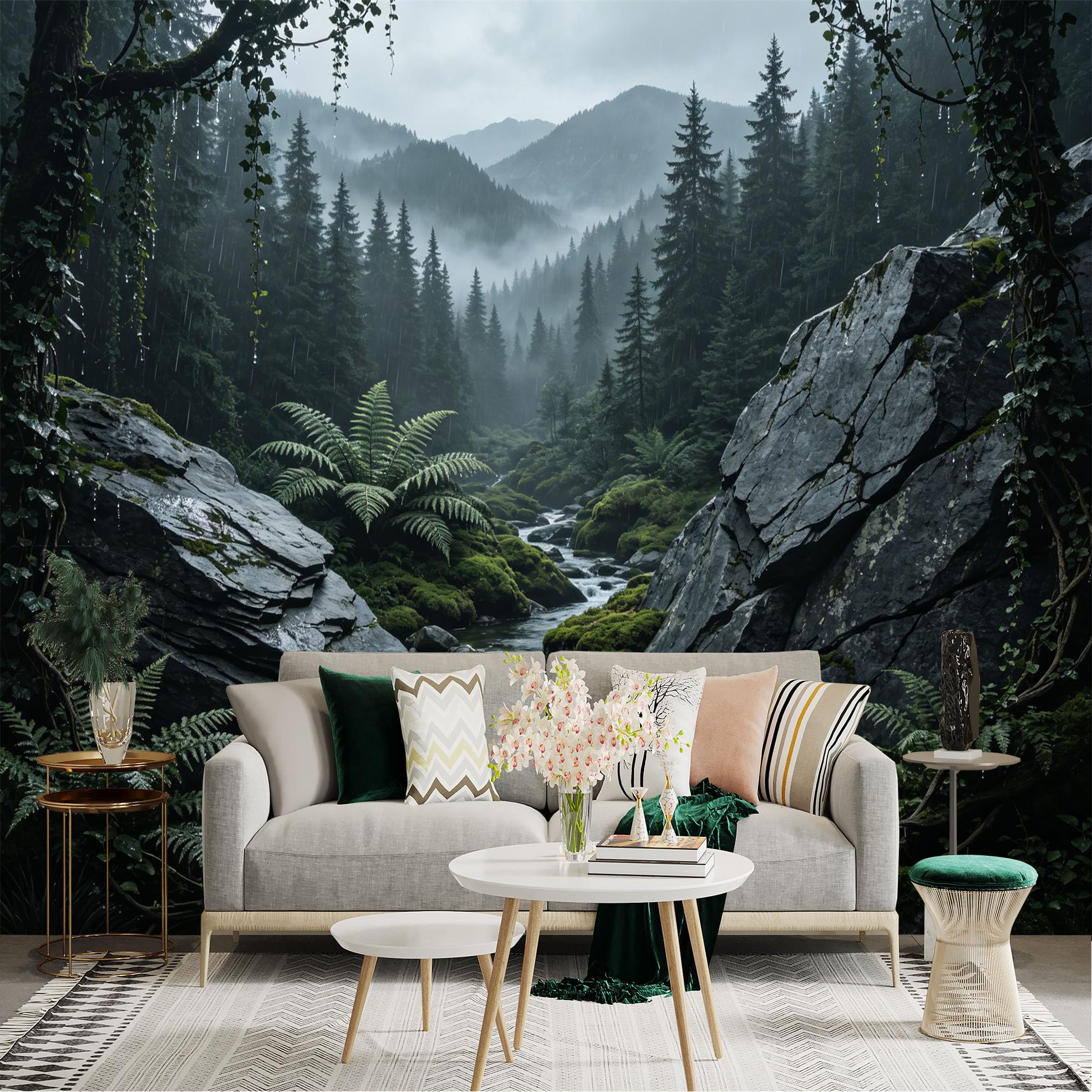 Custom Size Wall Sticker Mural， Misty Mountain Forest with River and Green Ferns， for wall Decoration， peelandstick wall Decals.