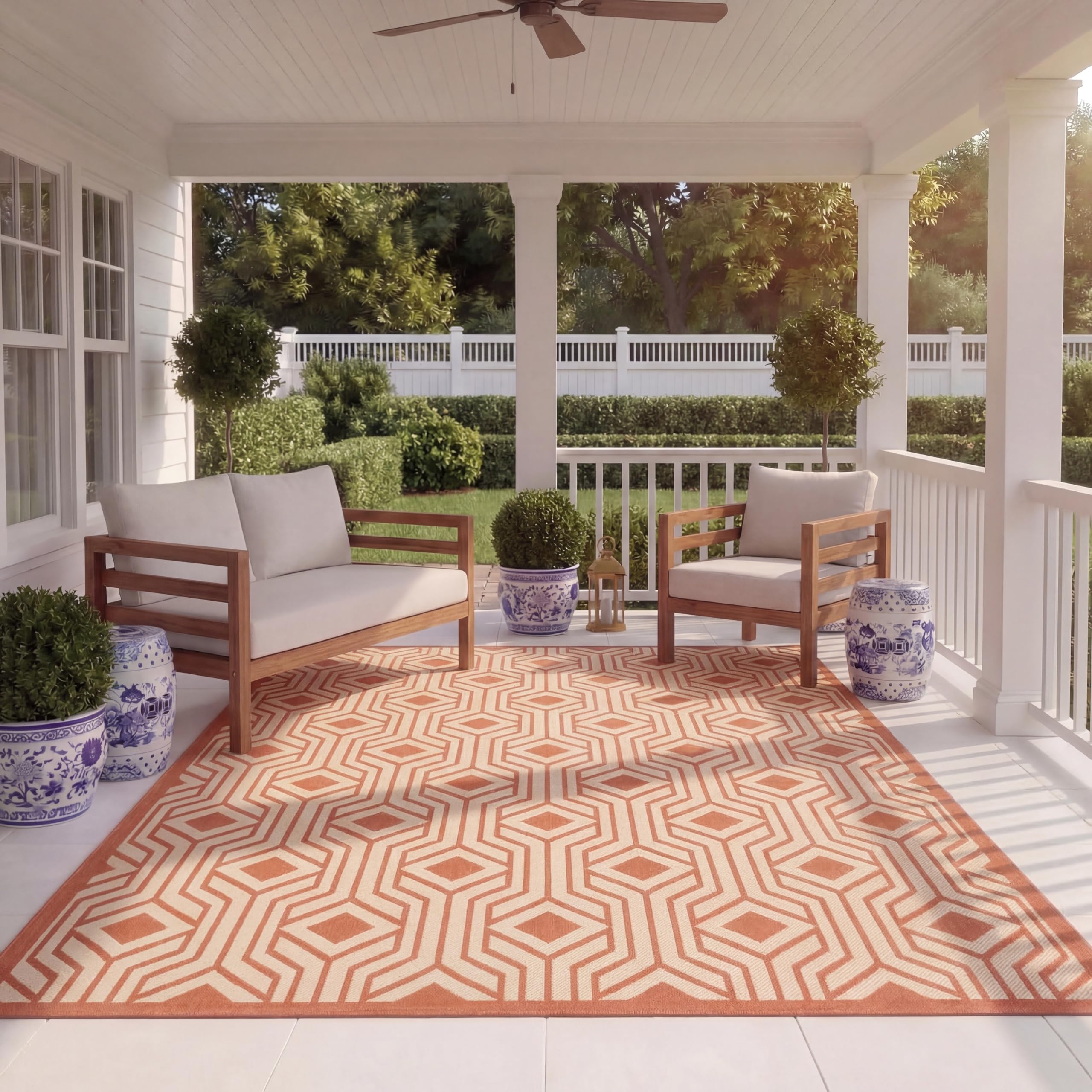 SAFAVIEH Tapis Contemporain Pour Salon, Salle à manger, Chambre à coucher - Courtyard Collection, Tapis à poil court, Beige et Terracotta, 201 X 290 cm