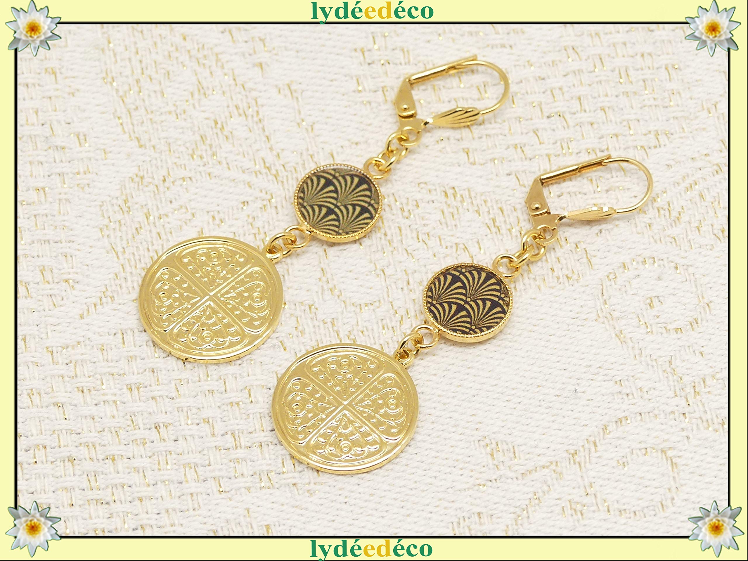 Pendientes hoja y latón dorado resina olas mar
