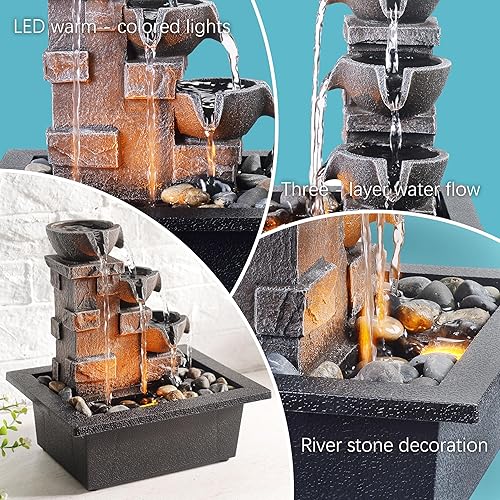 Miniatura 4 de GOSSI Home Décor Imitation 3-Tier Stone Wall Tabletop Fountain Many Natural River Rock Office Relaxing Desktop Zen Waterfall Meditation Tabletop