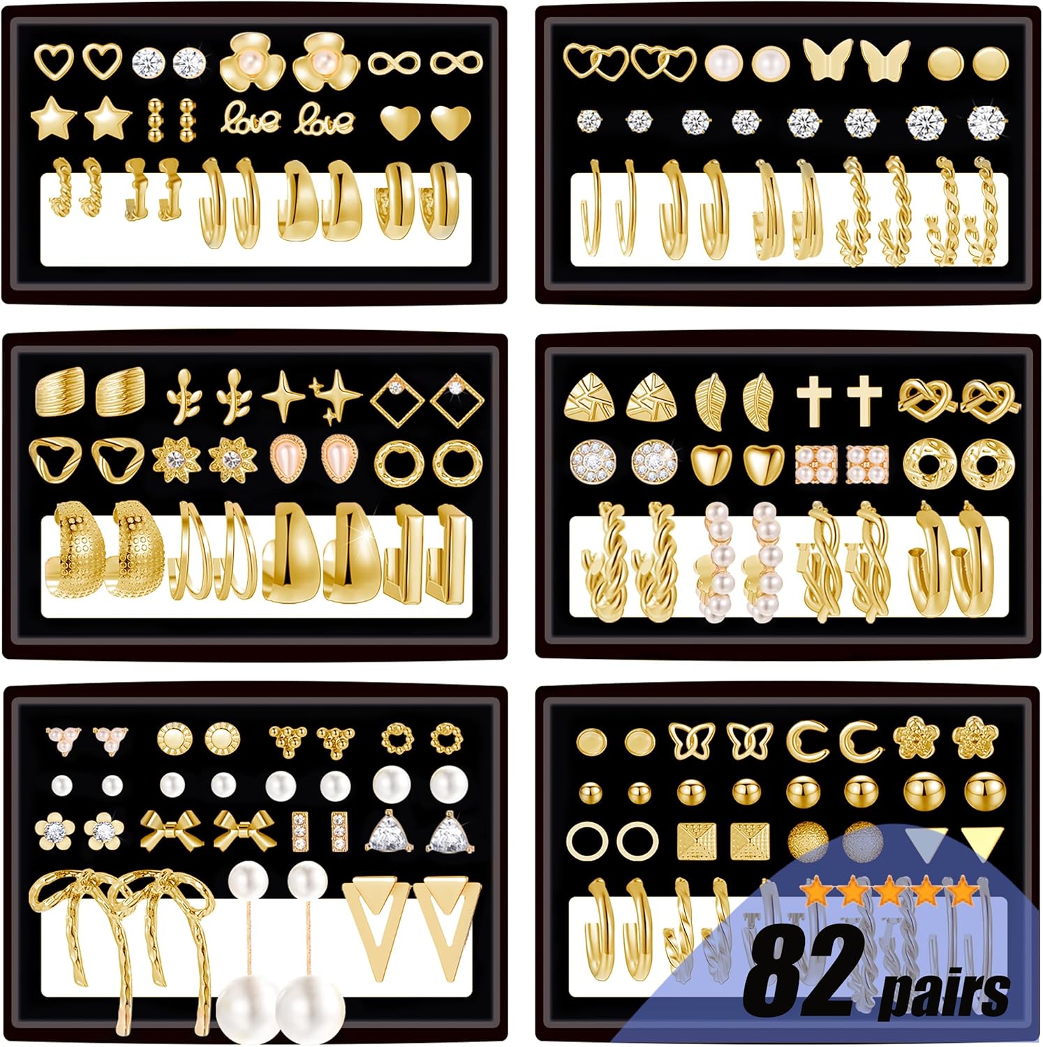 82 Pairs Gold Earrings for Women Trendy, Pearl Bow Small Hoop Stud Earrings Pack, Earring Set Multiple Piercing for Birthday Party Gift - Image 2