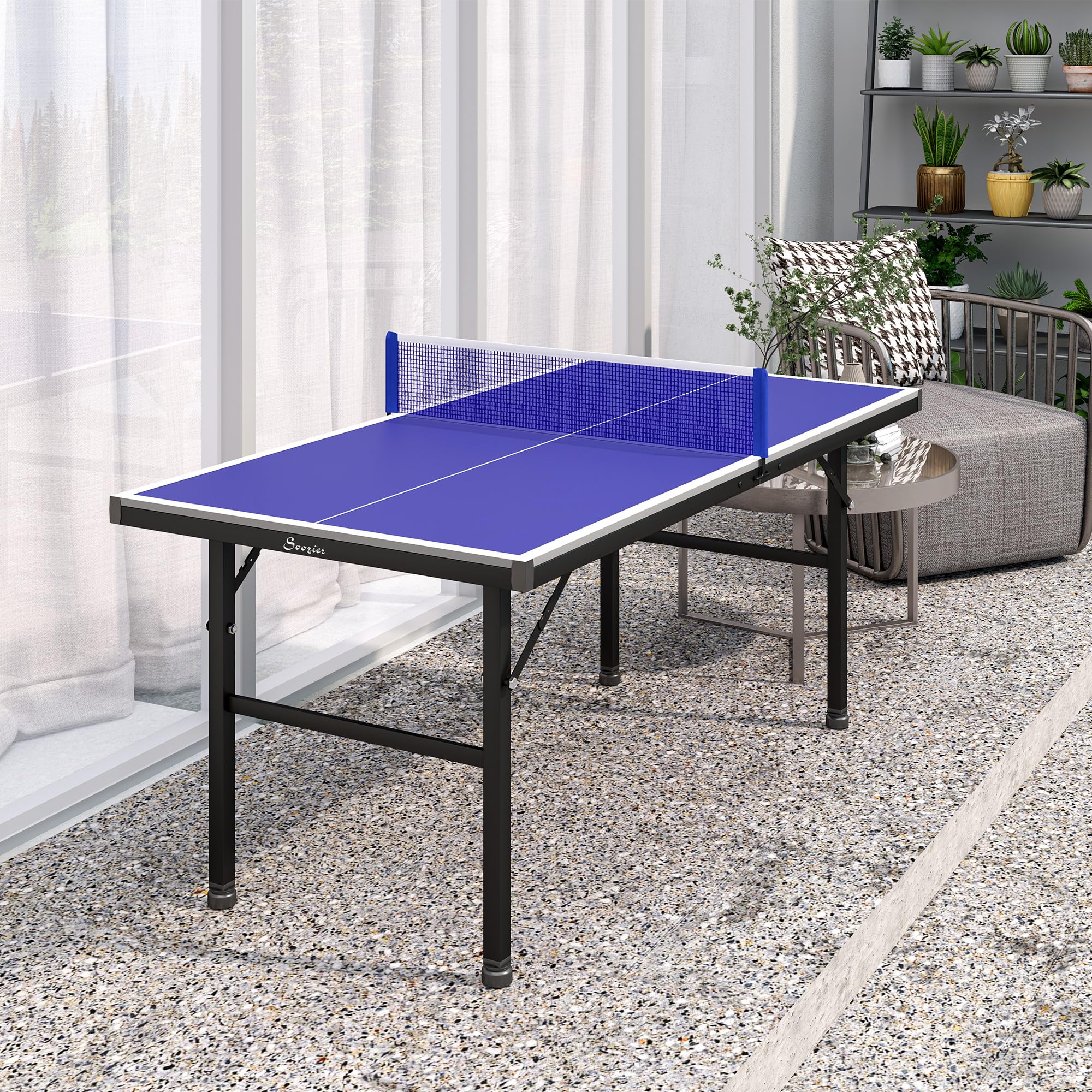 SPORTNOW Mini Table de ping Pong 153x76cm avec Plateau traité UV, Table Pliante pour intérieur et extérieur, Table de Tennis de Table avec Pieds réglables, Filet et 5 Pieds, Bleu
