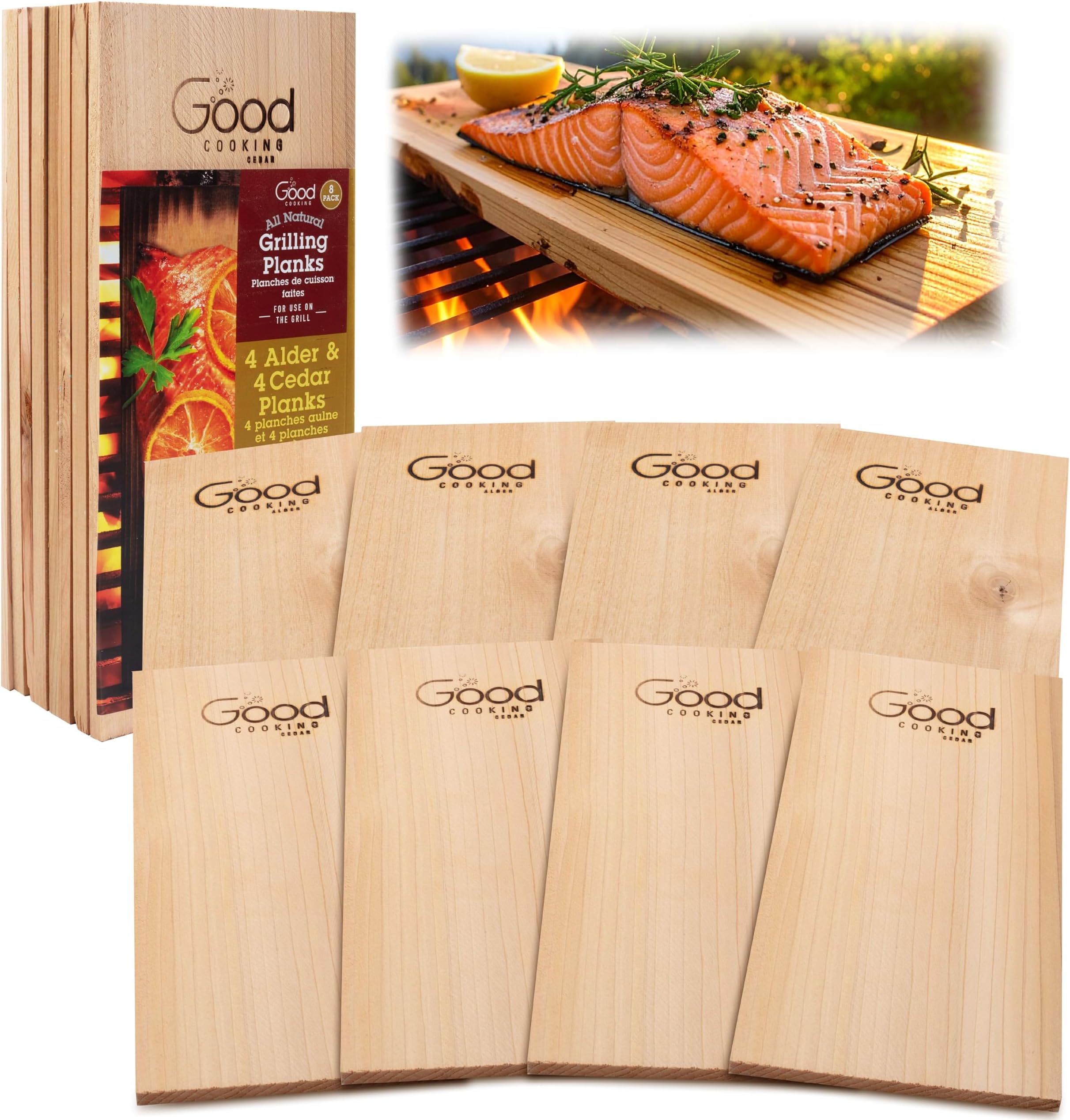Good Cooking Grilling Planks - 8 Pack Cedar and Alder - Premium Thicker Wood for Barbecue Salmon, Seafood, Steak, Burgers, Pork Chops, Vegetables - Reusable & Durable - 12" x 6"