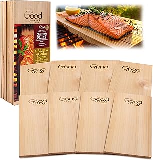 Good Cooking Grilling Planks - 8 Pack Cedar and Alder - Premium Thicker Wood for Barbecue Salmon, Seafood, Steak, Burgers, Pork Chops, Vegetables - Reusable & Durable - 12" x 6"