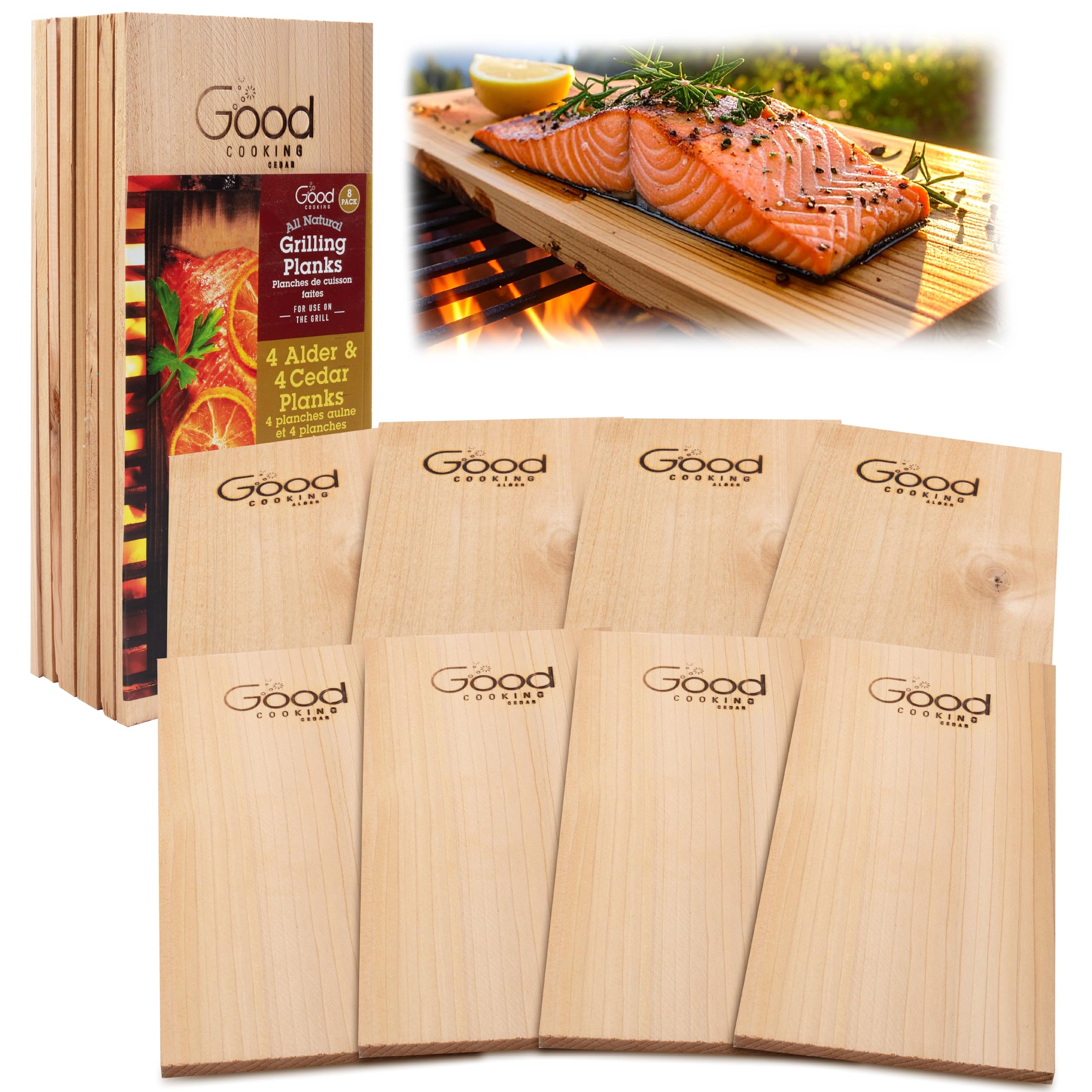 Good Cooking Grilling Planks - 8 Pack Cedar and Alder - Premium Thicker Wood for Barbecue Salmon, Seafood, Steak, Burgers, Pork Chops, Vegetables - Reusable & Durable - 12" x 6"