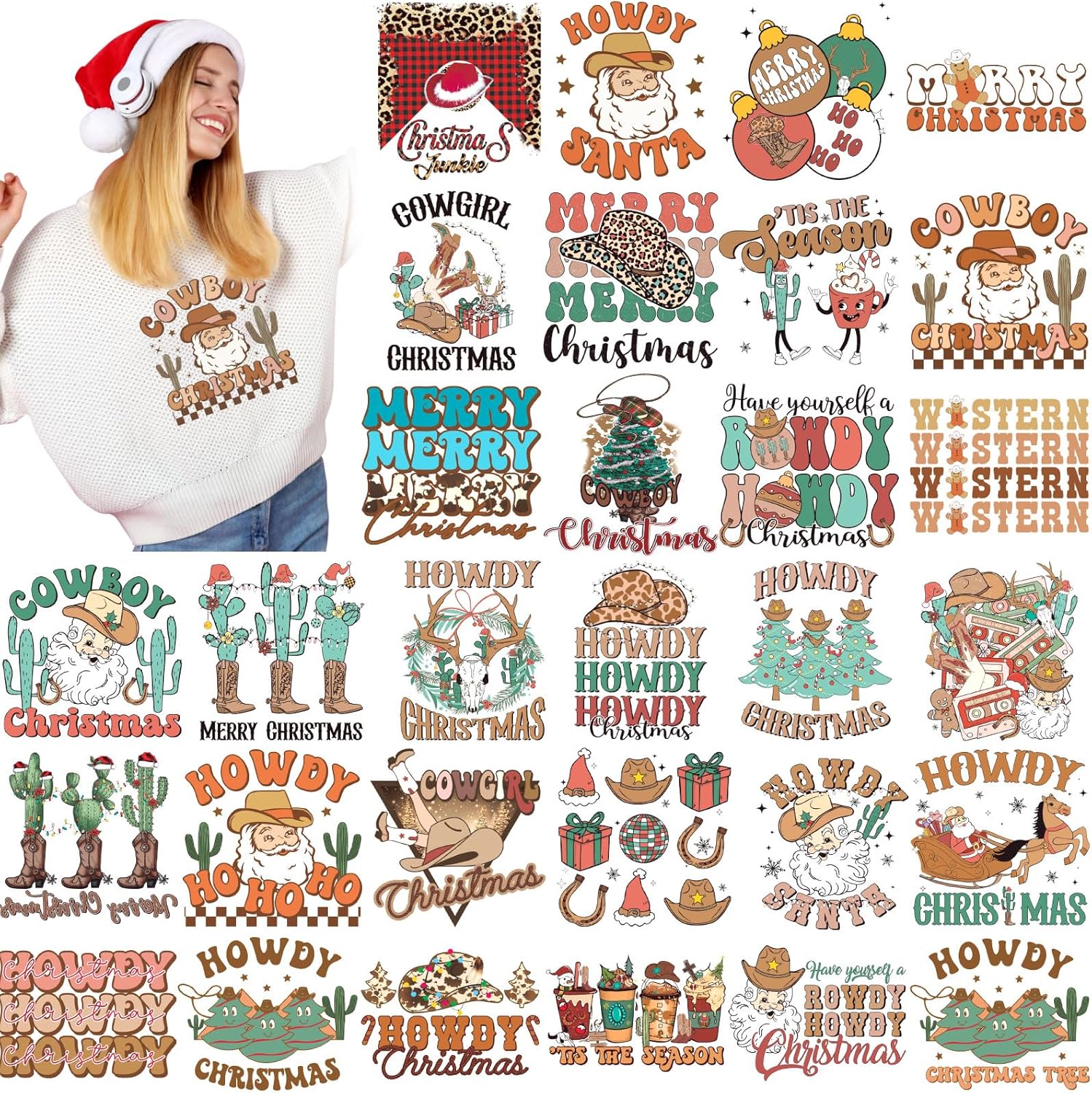 Estune 30 Pcs Christmas Iron on Transfers Retro Santa Iron
