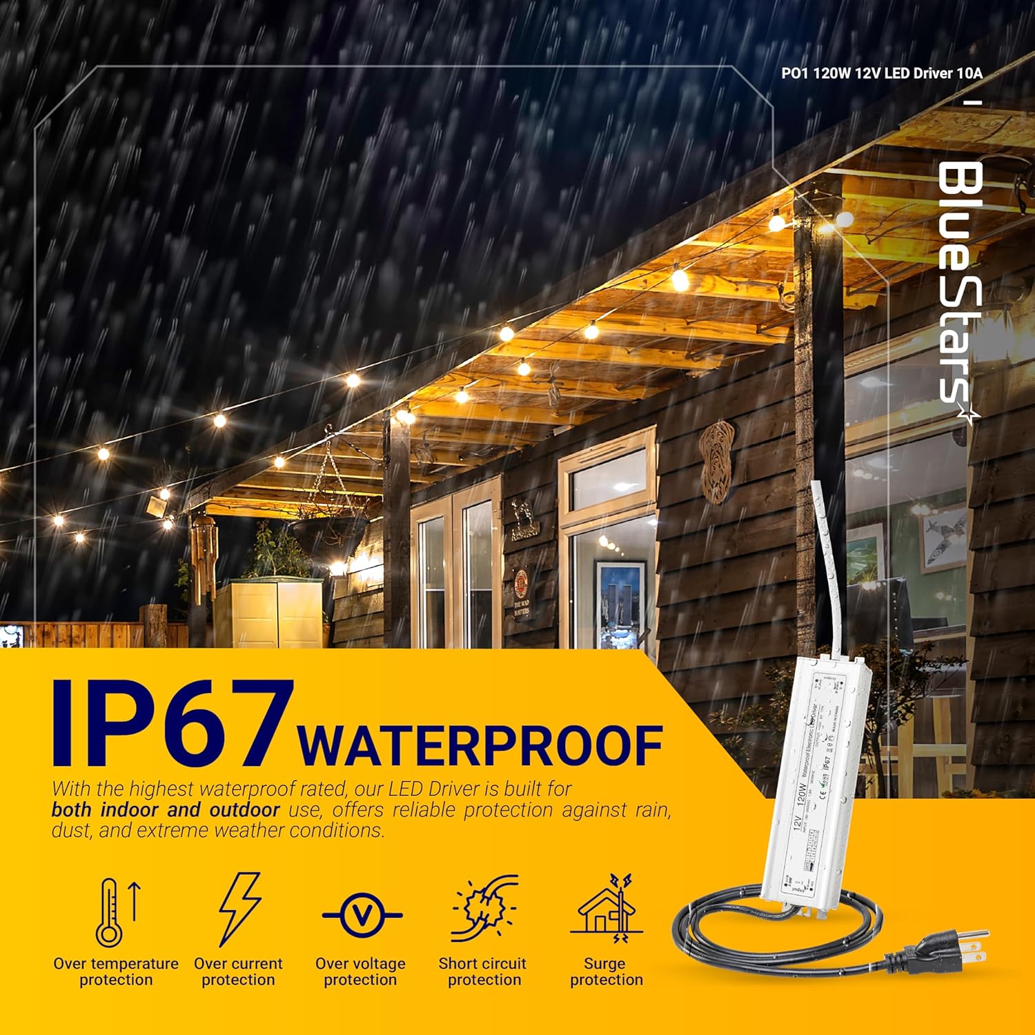 [Upgraded] 120W 12V LED Power Supply Driver 10A with US Standard 3-Prong Plug by BlueStars - AC 100-260V to 12V DC Constant Voltage Transformer, IP67 Waterproof for LED Strip Lights Indoor & Outdoor