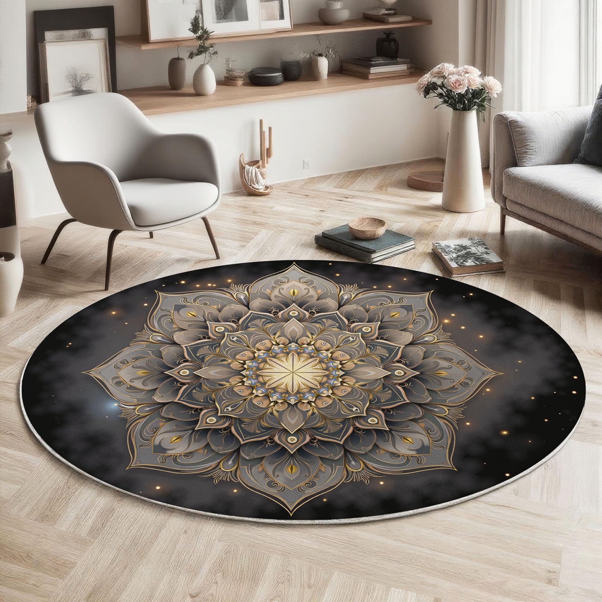 Tapis Rond Univers Mandala pour Salon, 100cm Circulaire Tapis Style Artistique Spirituel Douce Lavable Et Antidérapante pour Chambre Intérieure, Or