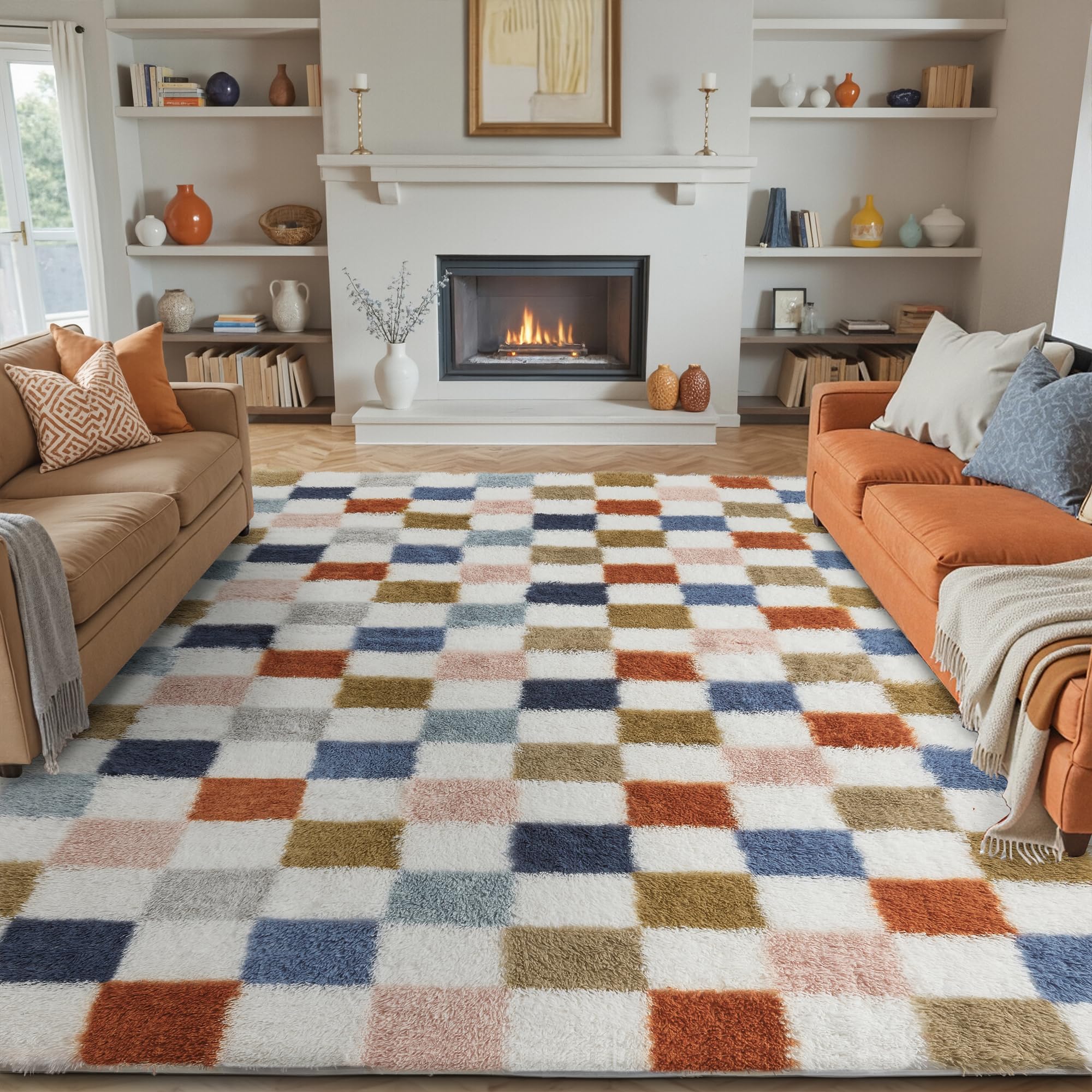 Checkered Rug 6x9 for Living Room, Modern Rainbown Shag Rug Washable Non-Slip Large Area Rug Super Soft Indoor Fuzzy Carpet Fluffy Rugs for Bedroom Home Aesthetic Decor