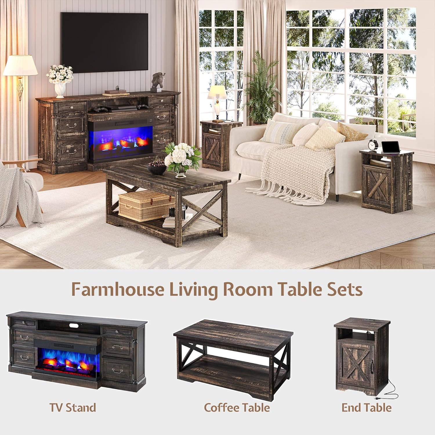 5-Piece Farmhouse Living Room Table Sets, Includes 75" Rustic TV Stand with 36" 3-Sided Glass Fireplace, 40" Coffee Table and 2 End Tables with Charging Station & Barn Doors, Black Oak 75in Black Oak