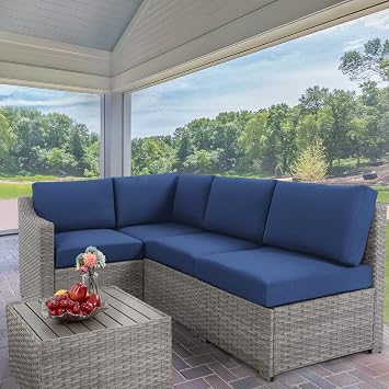 HAPPATIO 5 Piece Patio Conversation Set,All-Weather Patio Furniture Set,Outside Patio Furniture,4 Piece Outdoor sectional,PE Rattan Wicker Outdoor Sectional Sofa.Grey/Blue
